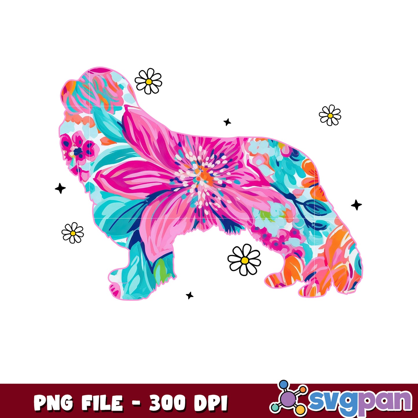 Floral Cavalier King Charles Spaniel PNG 300 DPI