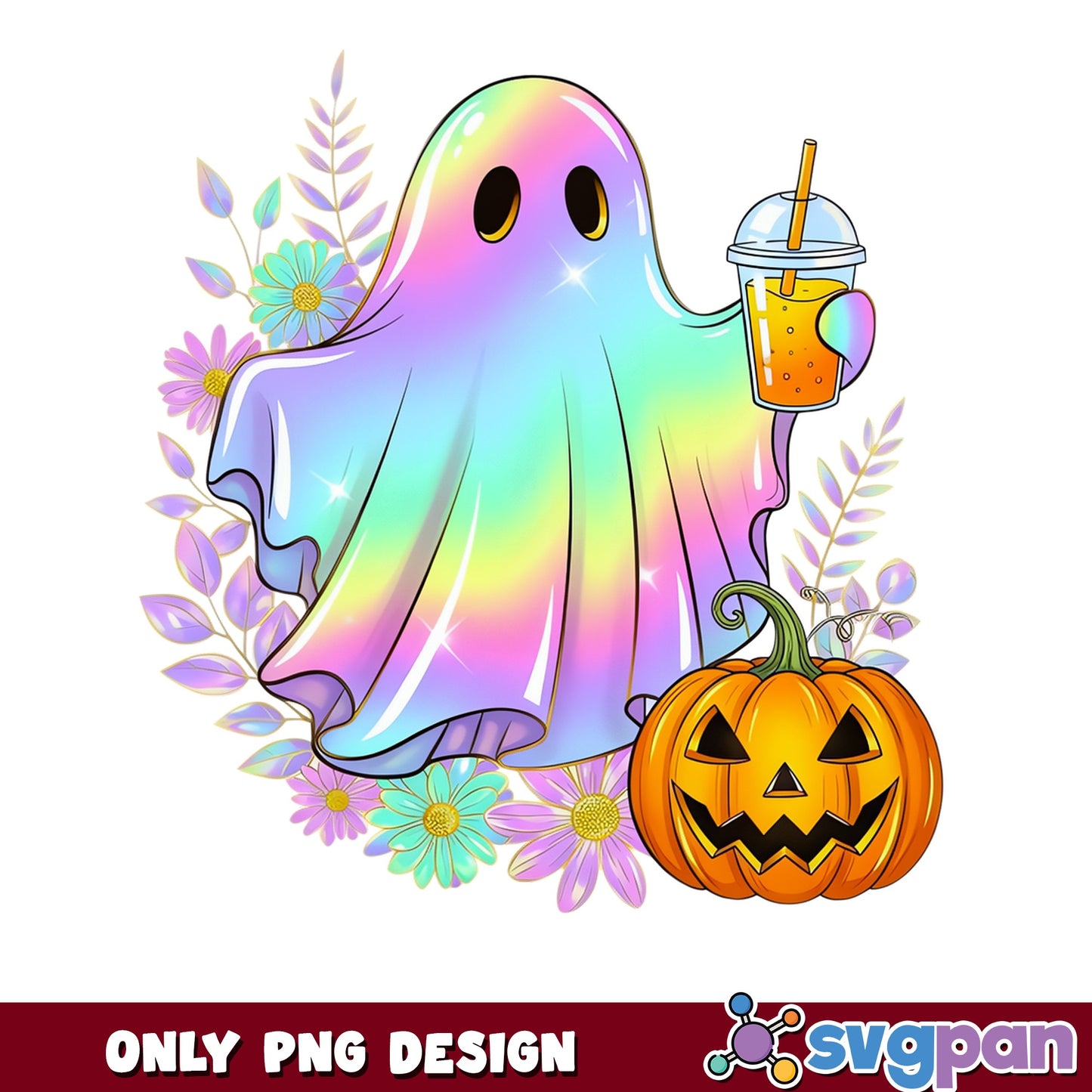 Floral Ghost Halloween PNG, Cute Ghost Pumpkin PNG, Spooky PNG
