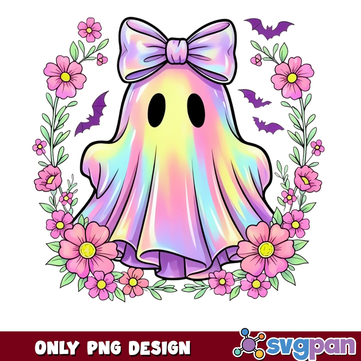 Floral Ghost With Bow Halloween PNG, Cute Ghost PNG, Spooky PNG