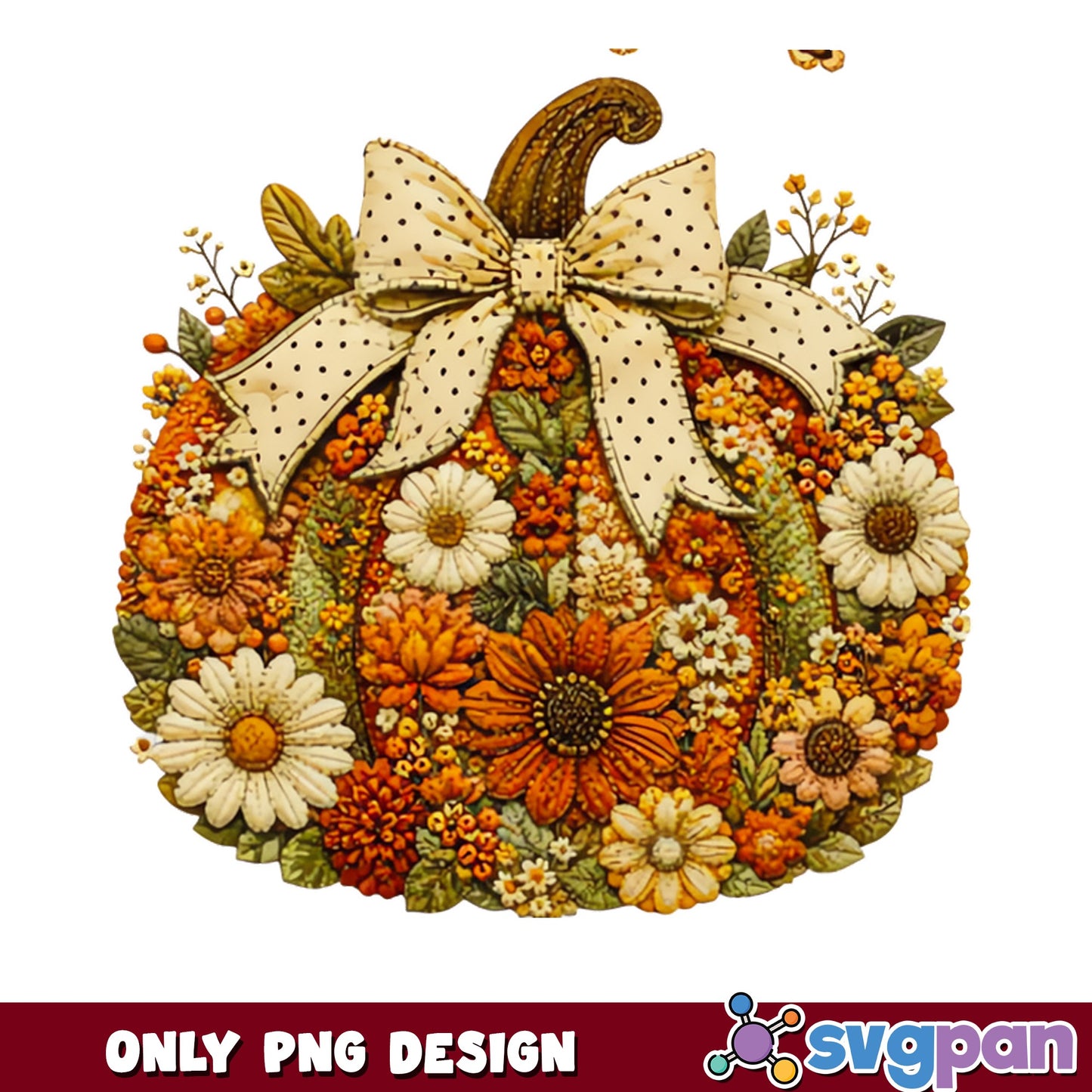 Floral Pumpkin With Bow PNG, Fall Autumn Pumpkin PNG, Halloween PNG