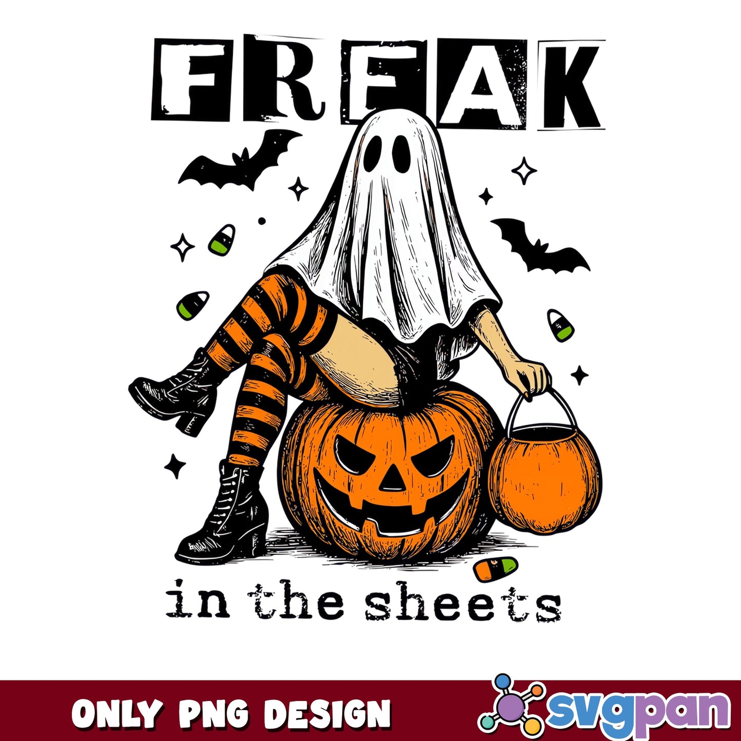 Freak In The Sheets Ghost Girl PNG, Halloween Ghost PNG, Spooky Pumpkin PNG
