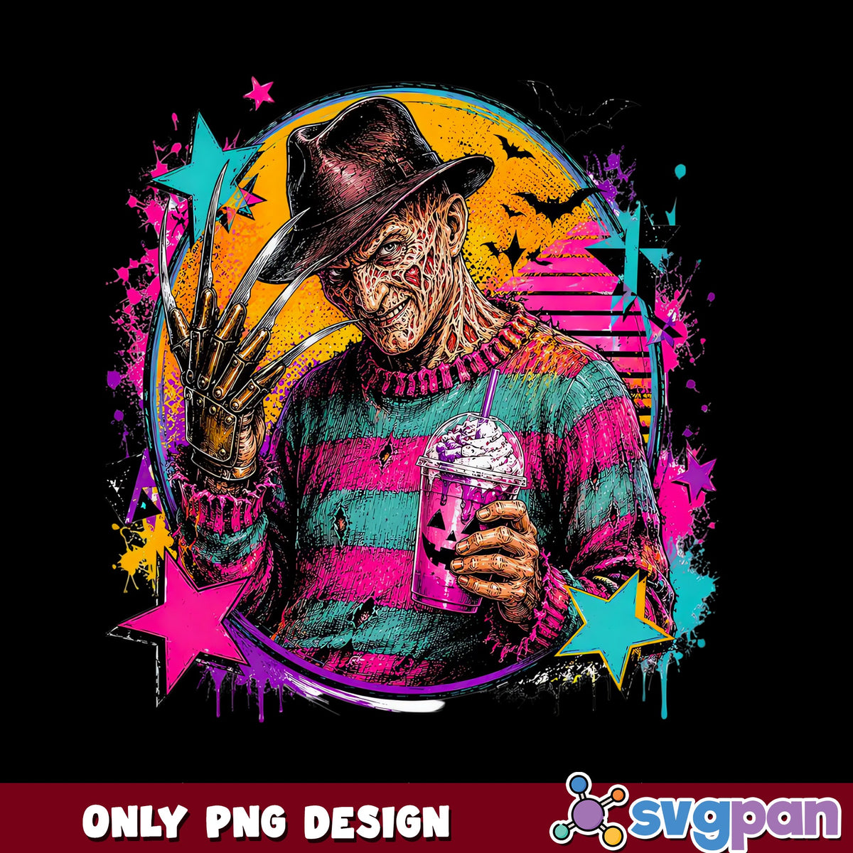 Freddy Krueger Coffee PNG, Halloween Horror PNG, Neon Retro PNG
