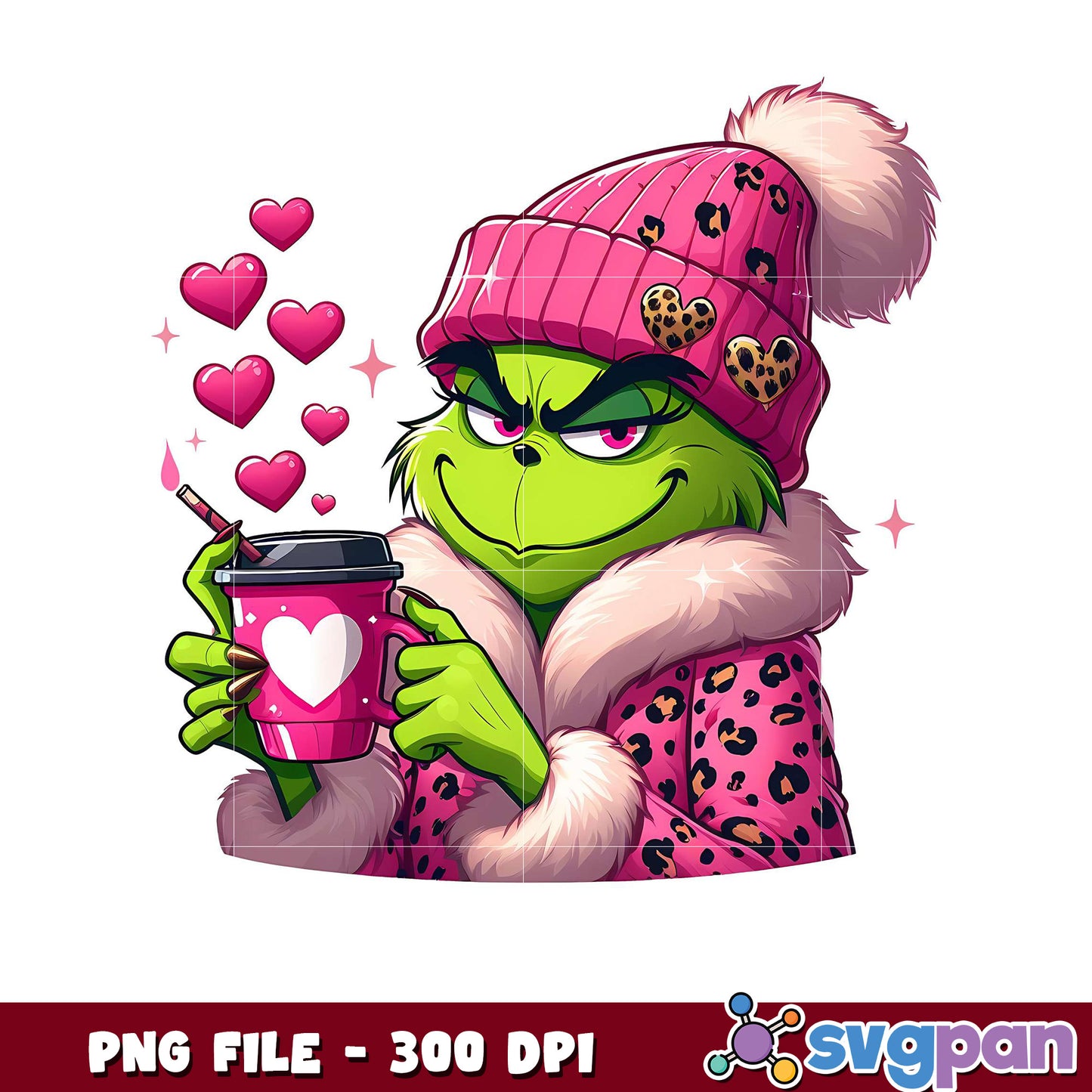 Funny Grinch character in pink outfit, perfect for gifts