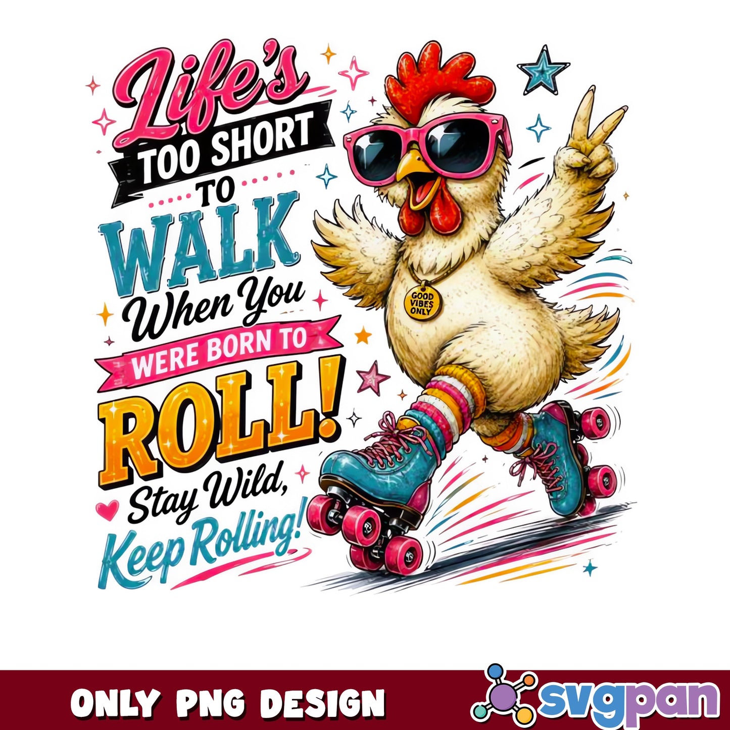 Funny Chicken Roller Skating PNG, Born To Roll Chicken PNG, Retro PNG