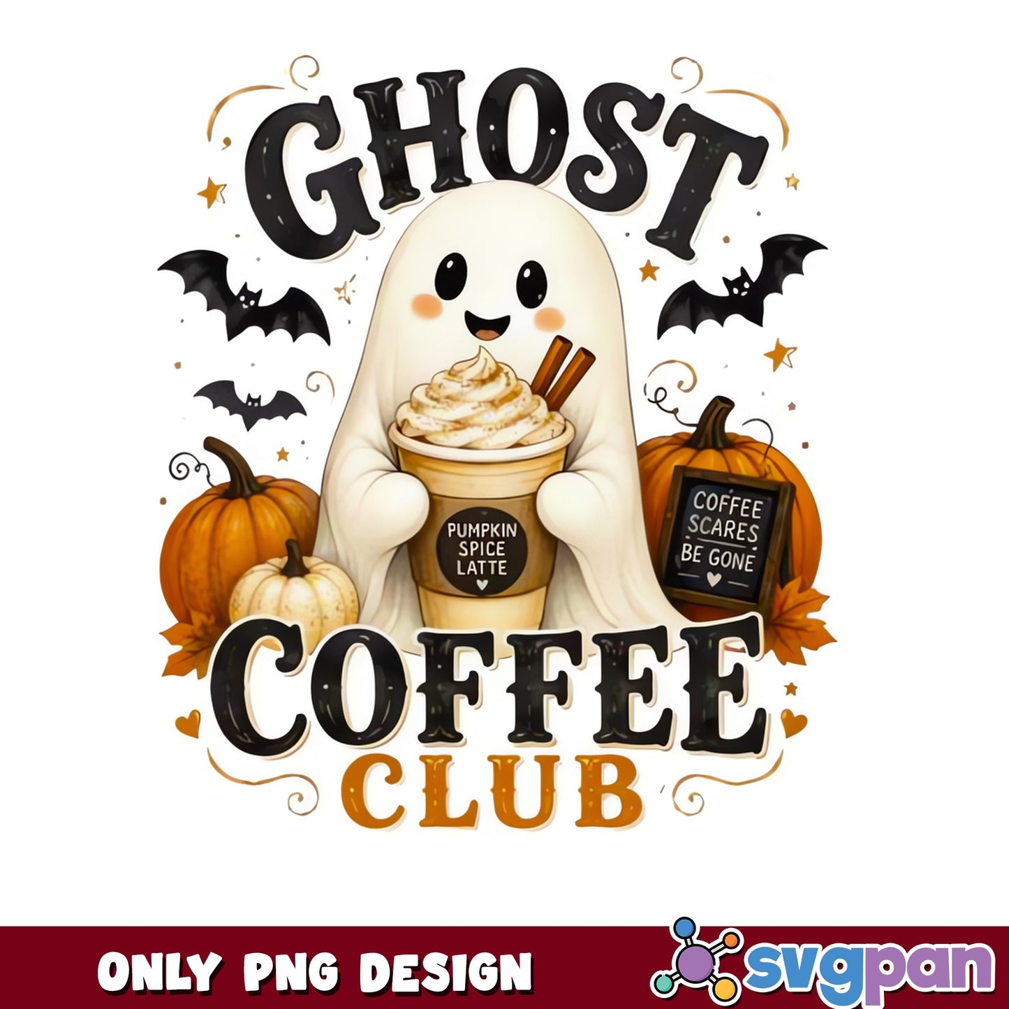 Ghost Coffee Club Halloween PNG, Pumpkin Spice Latte PNG, Cute Ghost PNG