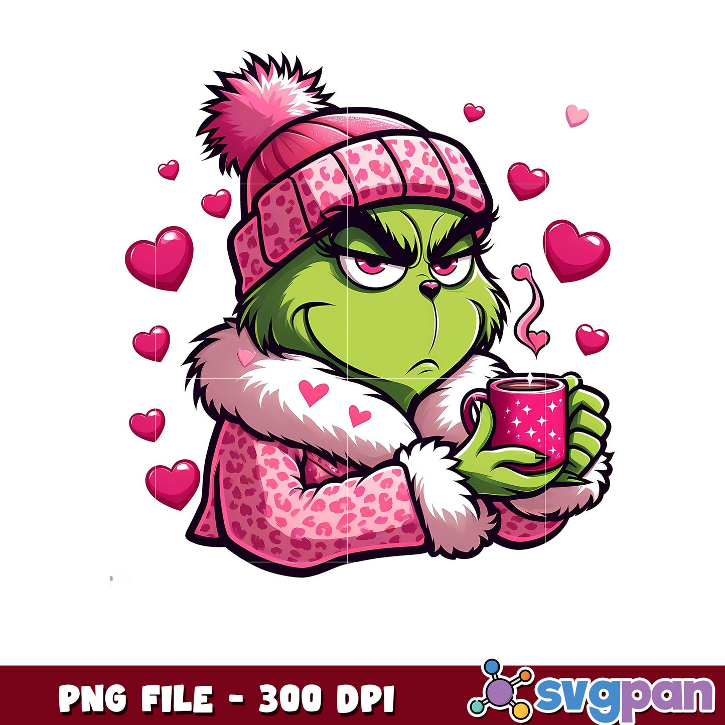Grumpy Grinch with Mug and Hearts, Cute PNG Art Download