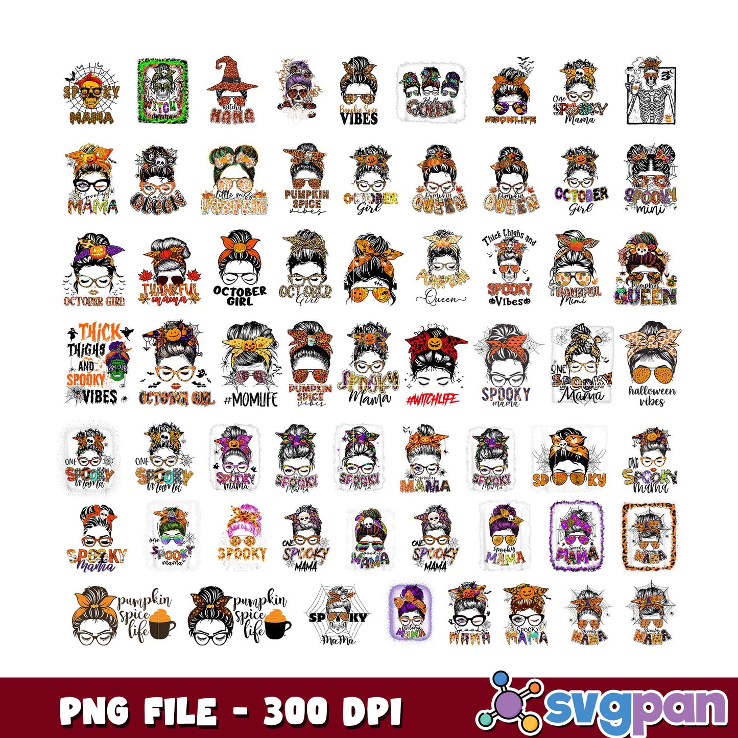Halloween Mom Messy Bun PNG Bundle