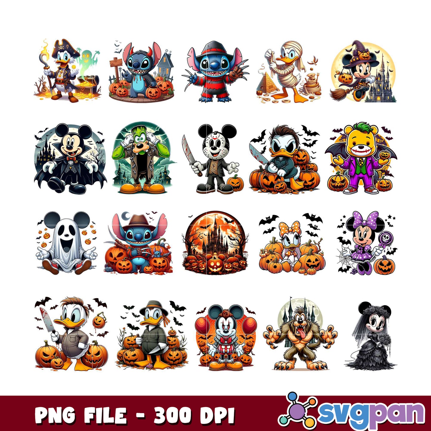 Halloween Themed Disney Character PNG Bundle 300 DPI