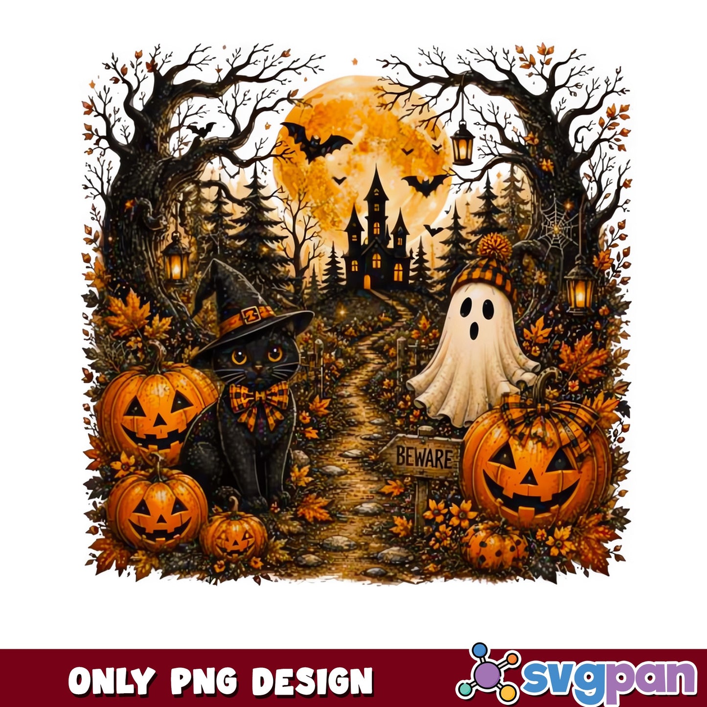 Halloween Black Cat Ghost Pumpkin PNG, Spooky PNG, Halloween PNG