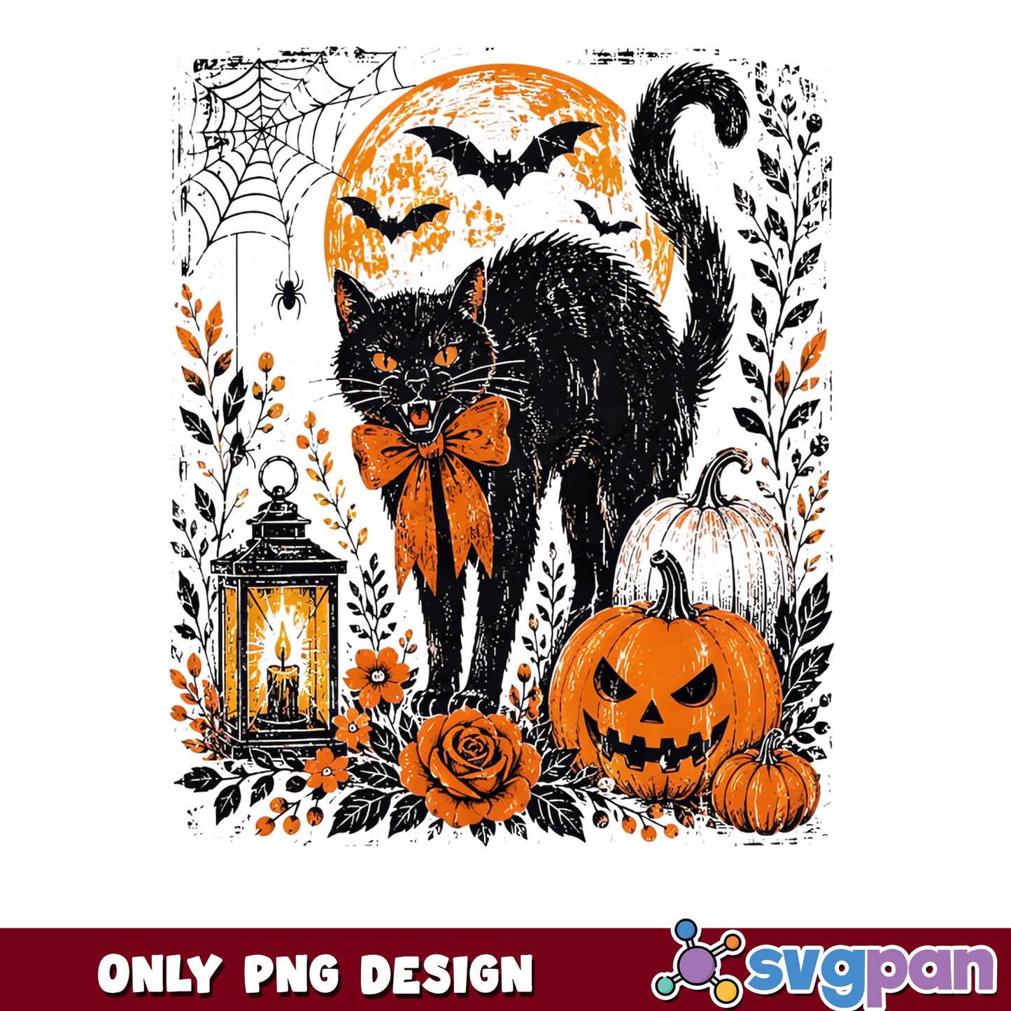 Halloween Black Cat Vintage PNG, Spooky Cat Pumpkin PNG, Halloween PNG