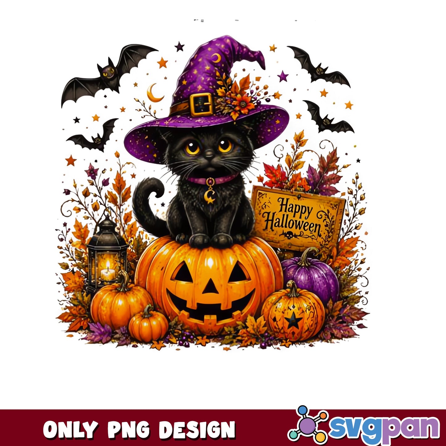 Halloween Black Cat Witch PNG, Pumpkin Cat PNG, Halloween PNG