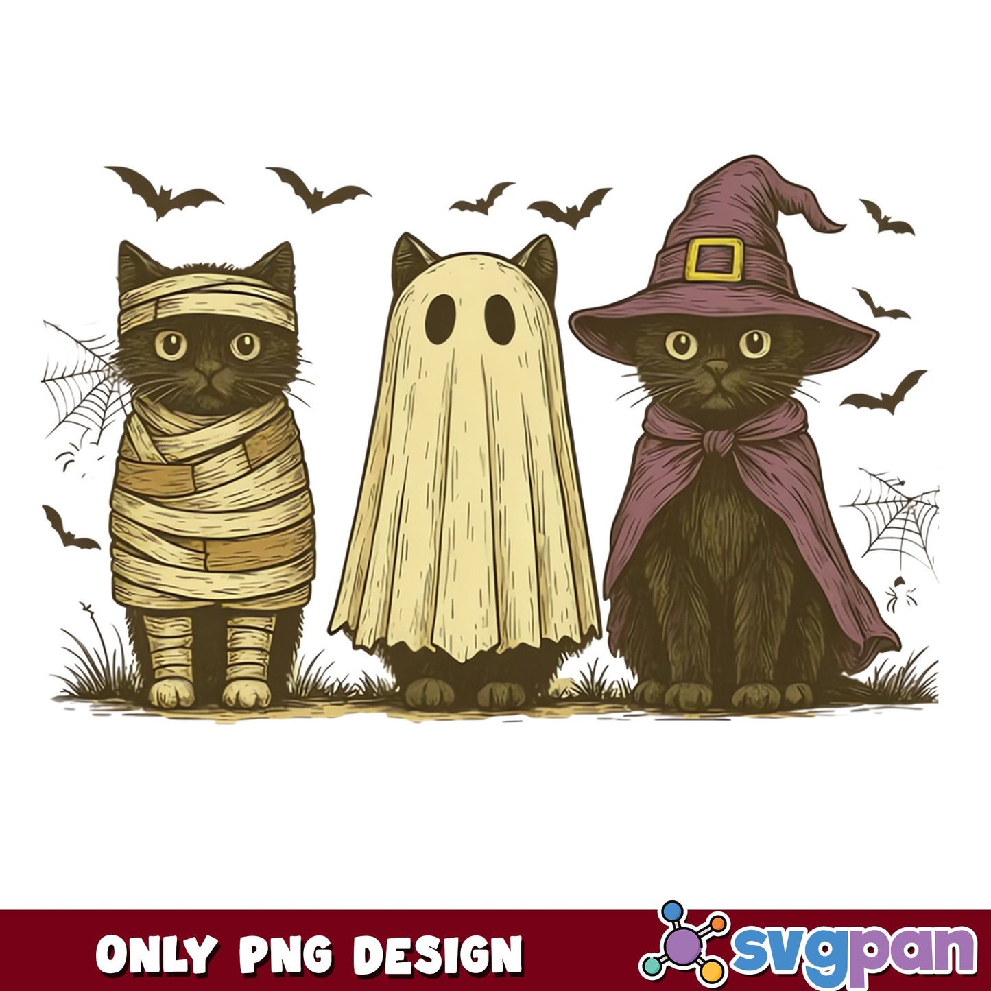Halloween Cats Mummy Ghost Witch PNG, Spooky Cat PNG, Halloween PNG