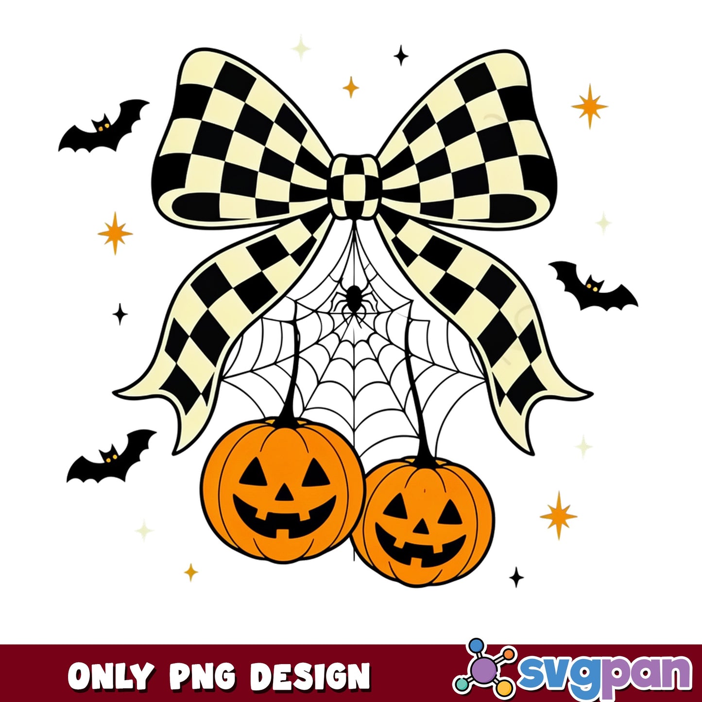 Halloween Checkered Bow Pumpkin PNG, Spiderweb Bat PNG, Coquette Halloween PNG