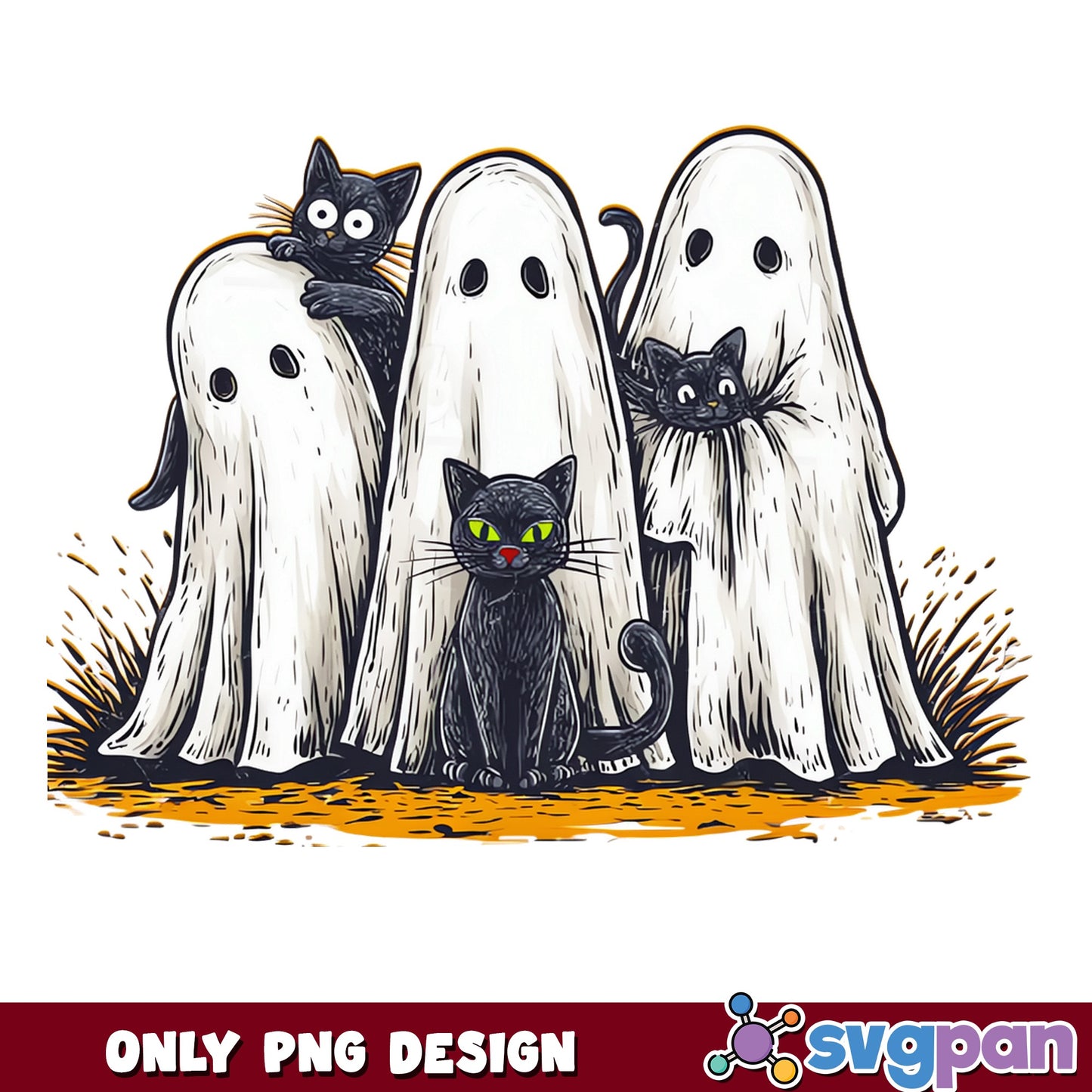 Halloween Ghost And Black Cat PNG, Spooky Ghost Cat PNG, Halloween PNG
