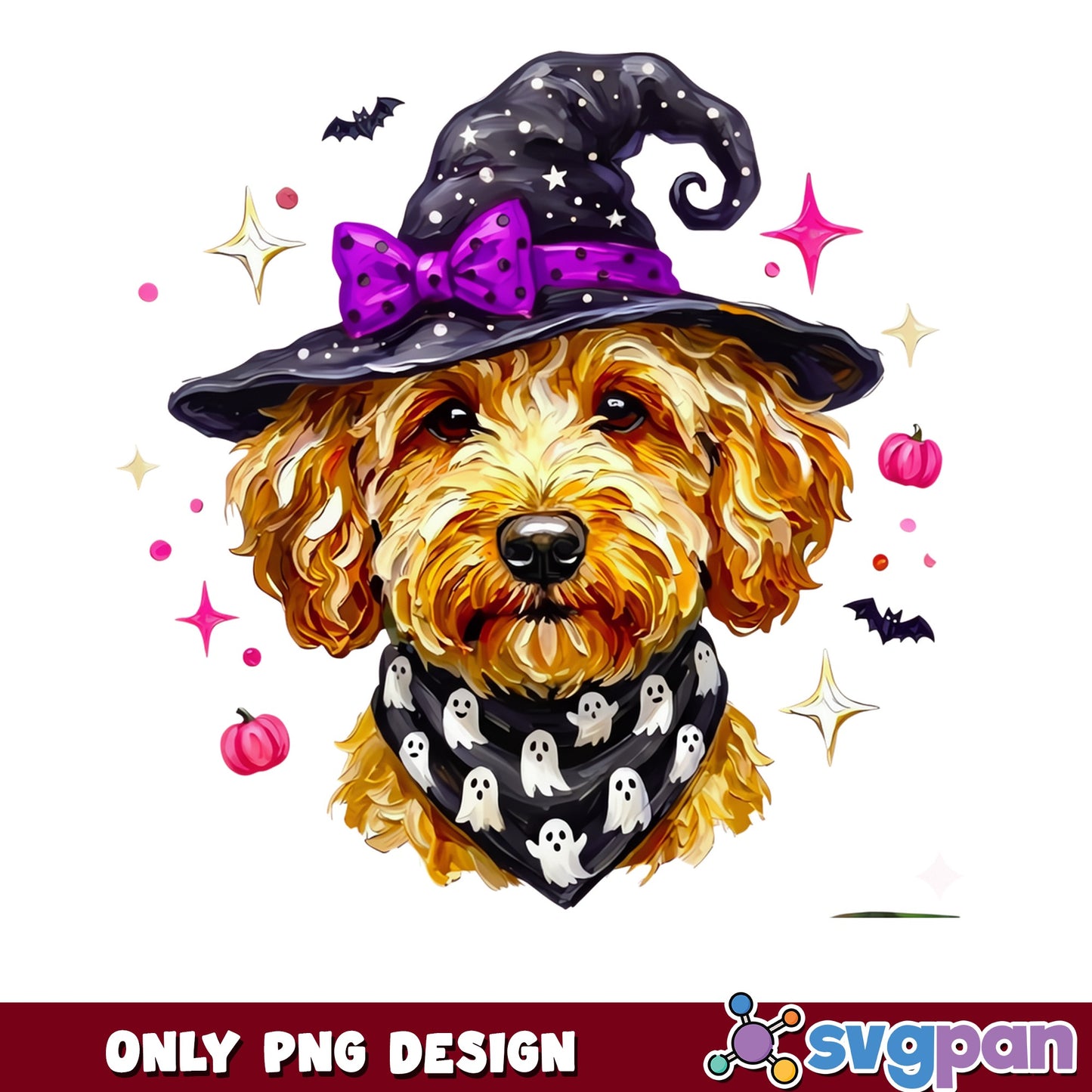 Halloween Goldendoodle Witch Hat PNG, Doodle Dog Halloween PNG, Cute Dog PNG