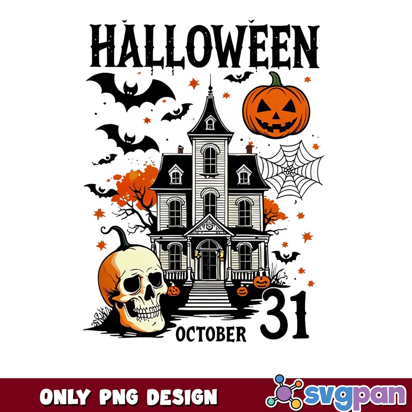 Halloween Haunted House October 31 PNG, Skull Pumpkin PNG, Halloween PNG