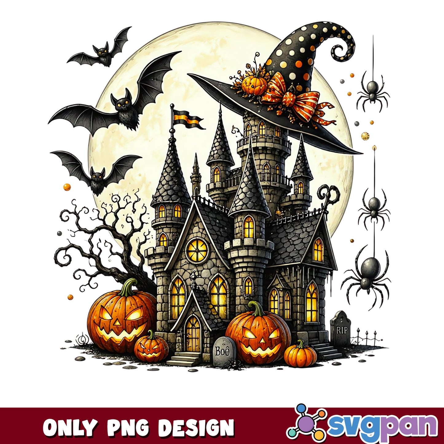 Halloween Haunted House PNG, Witch Hat Pumpkin PNG, Spooky Castle PNG