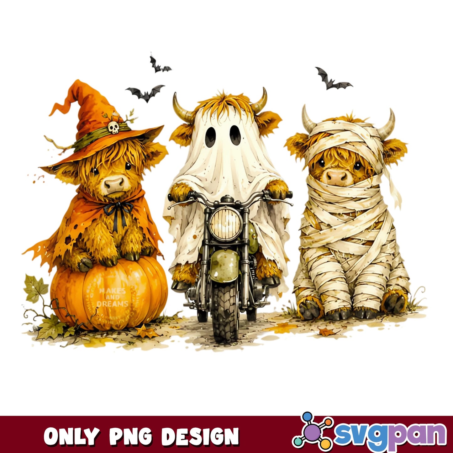 Halloween Highland Cow PNG, Cute Ghost Mummy Witch Cow, Fall PNG