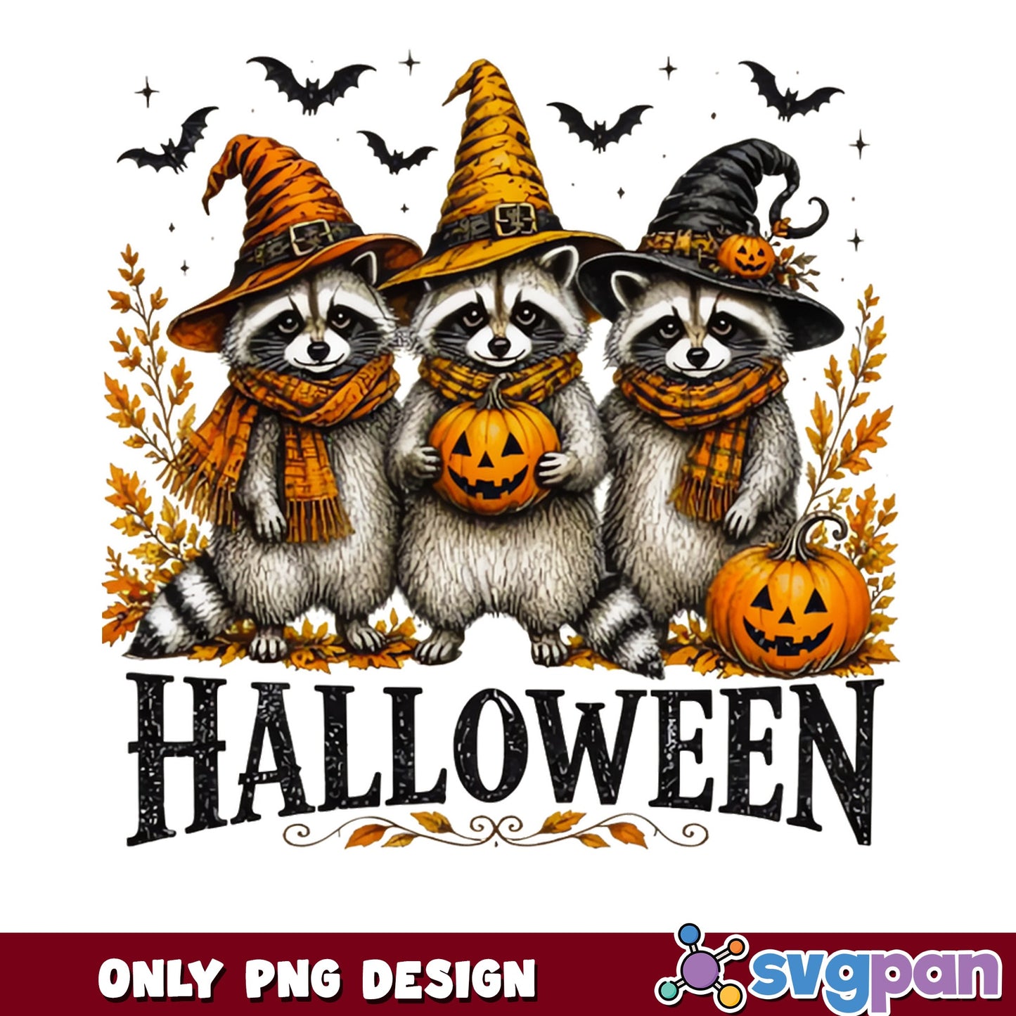 Halloween Raccoon Trio PNG, Witch Hat Raccoon PNG, Spooky Pumpkin PNG