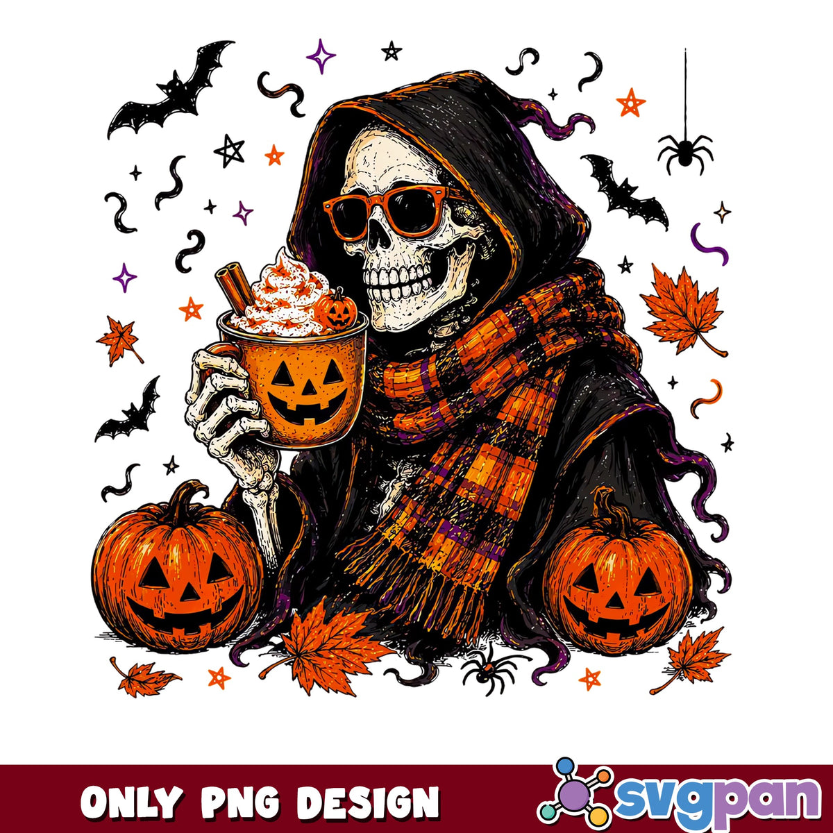 Halloween Skeleton Pumpkin Spice Latte PNG, Skull Coffee PNG, Spooky Fall PNG