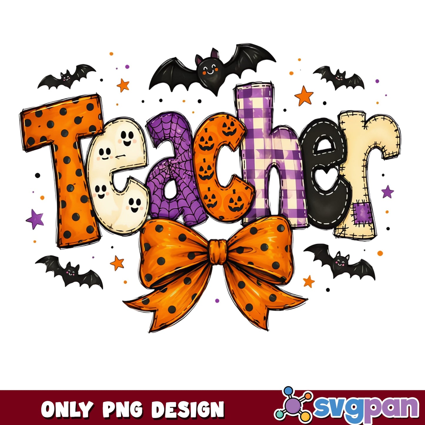 Halloween Teacher PNG, Spooky Teacher Bow Ghost Bat PNG, Teacher PNG