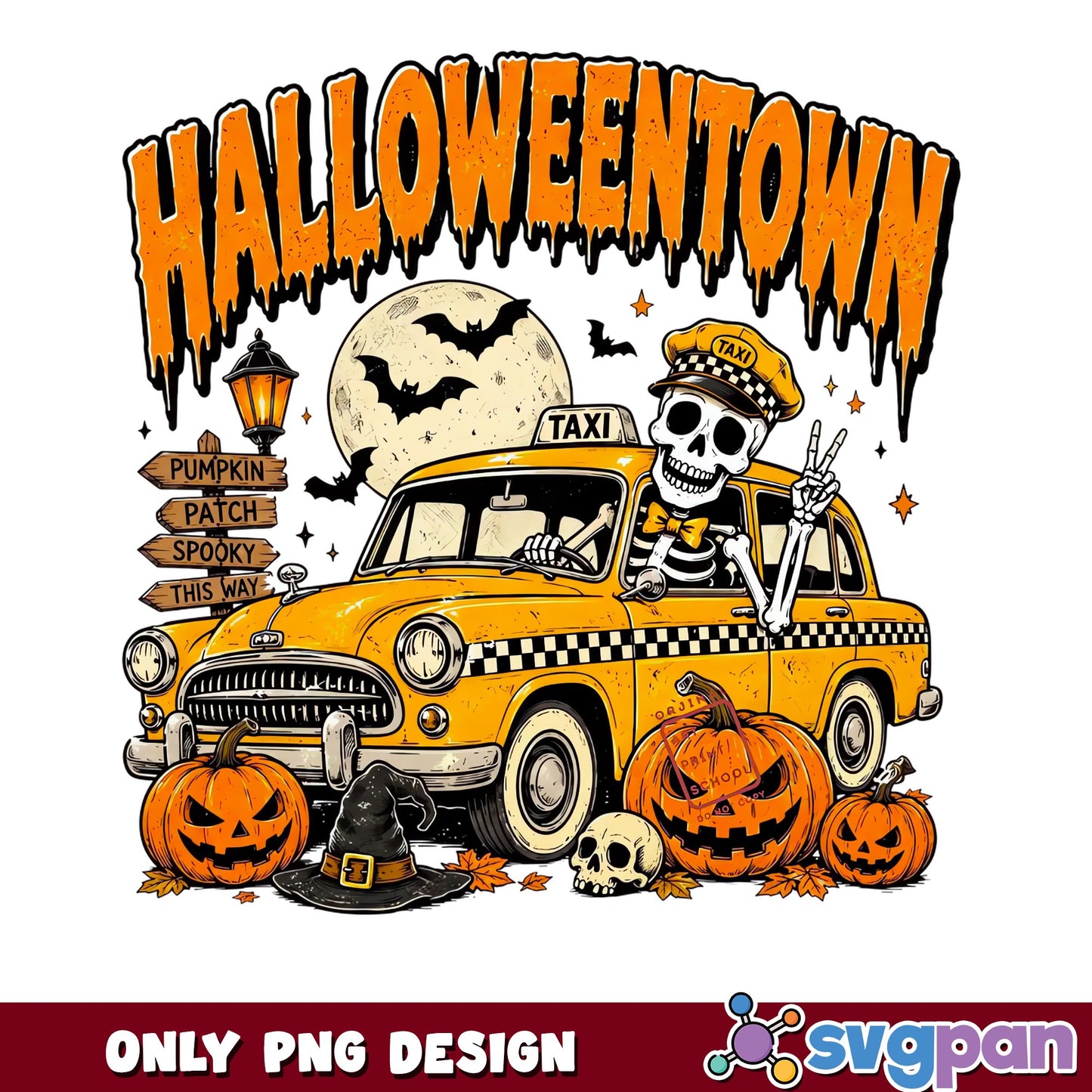Halloweentown Skeleton Taxi PNG, Spooky Halloween PNG, Pumpkin PNG
