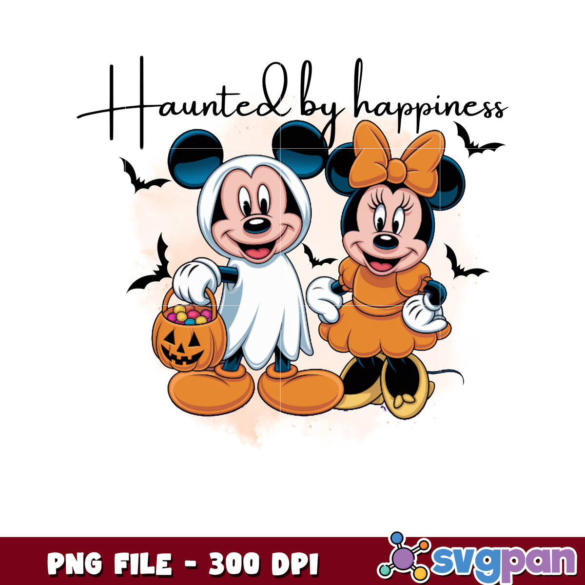 Haunted by happiness mickey and minnie png, spooky halloween png, happy halloween png