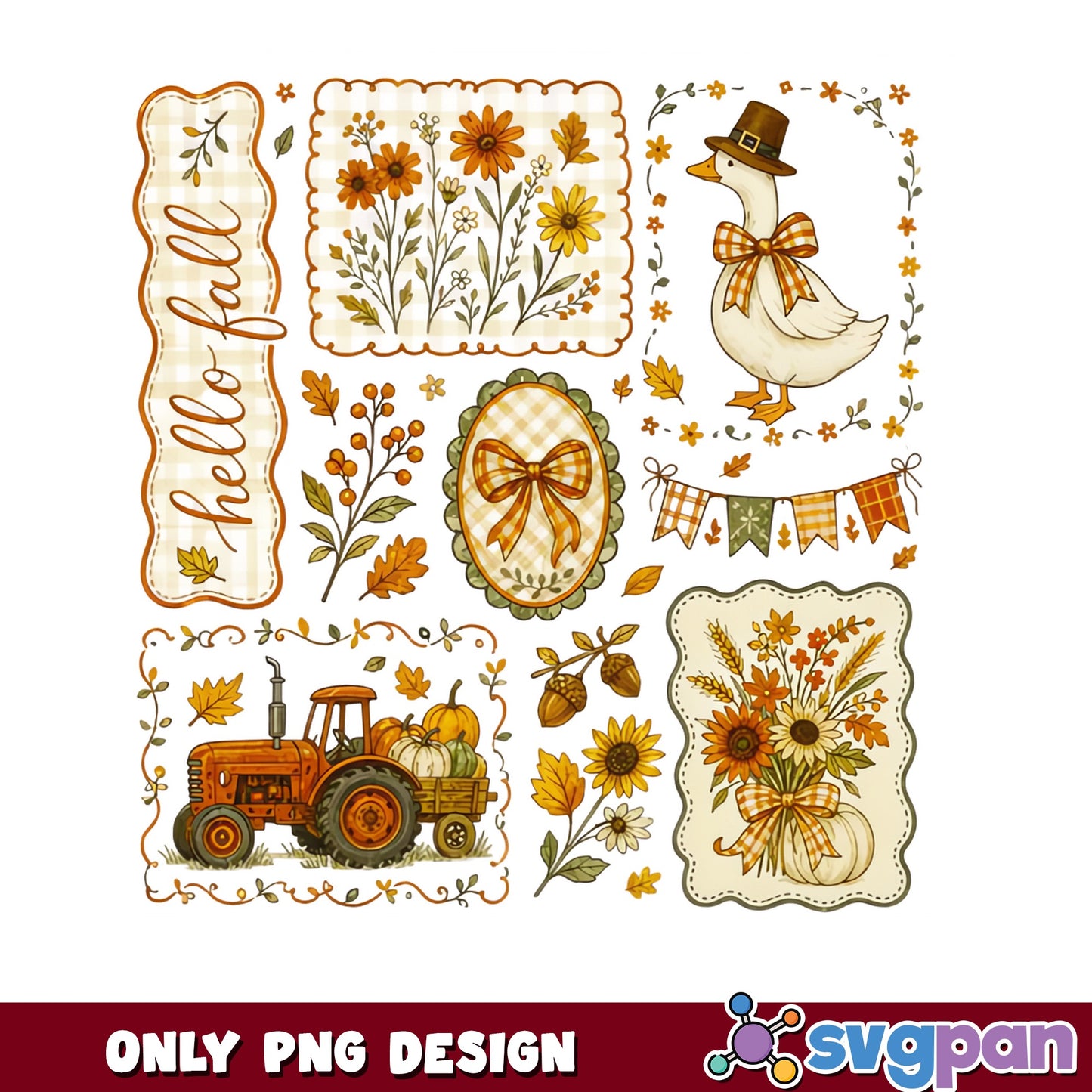 Hello Fall Autumn Bundle PNG, Thanksgiving Goose PNG, Fall PNG