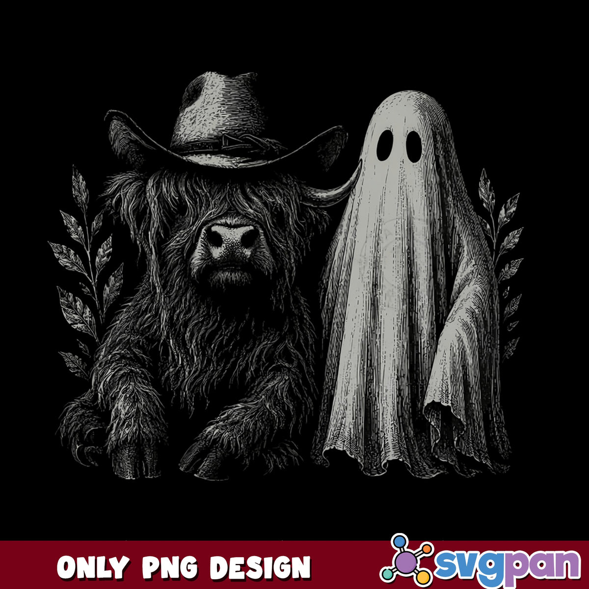 Highland Cow Ghost Halloween PNG, Cowboy Hat Cow PNG, Spooky PNG