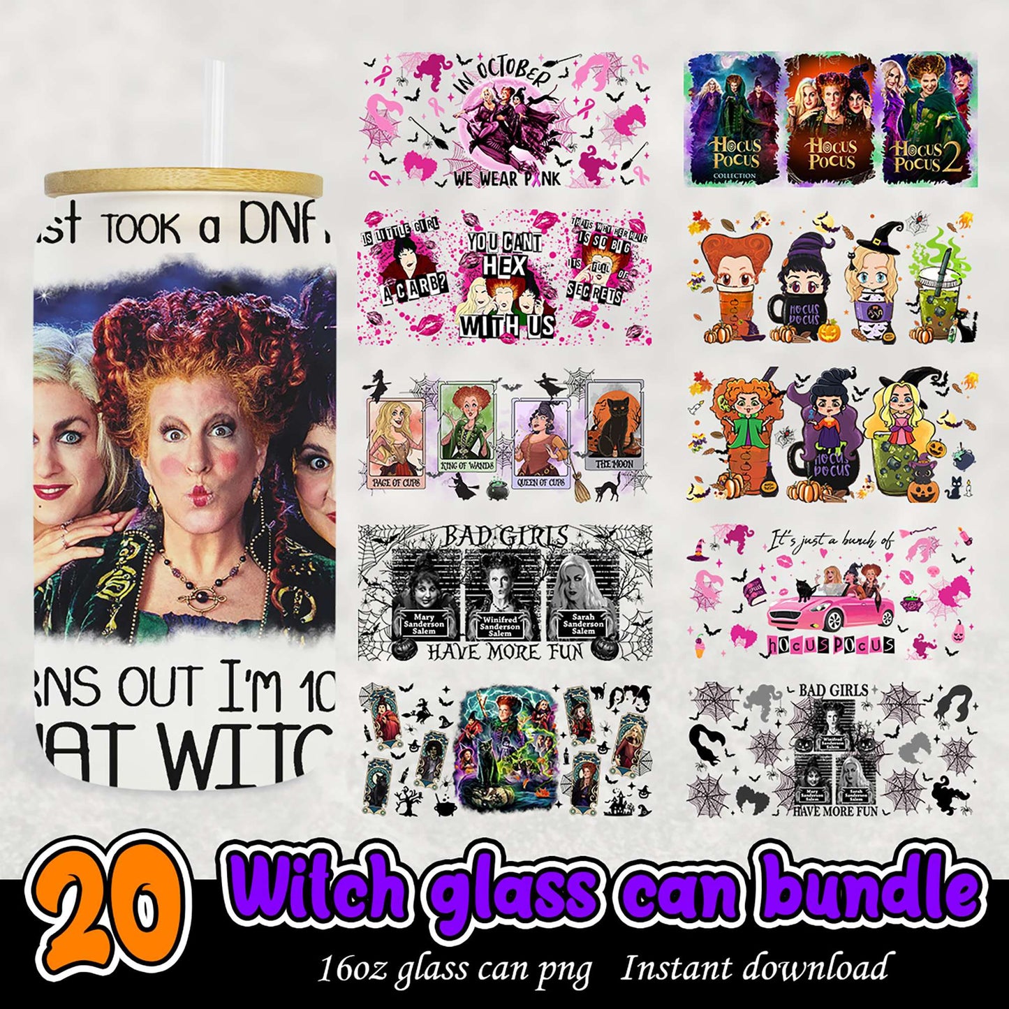 Hocus Pocus Witch Glass Can Bundle PNG