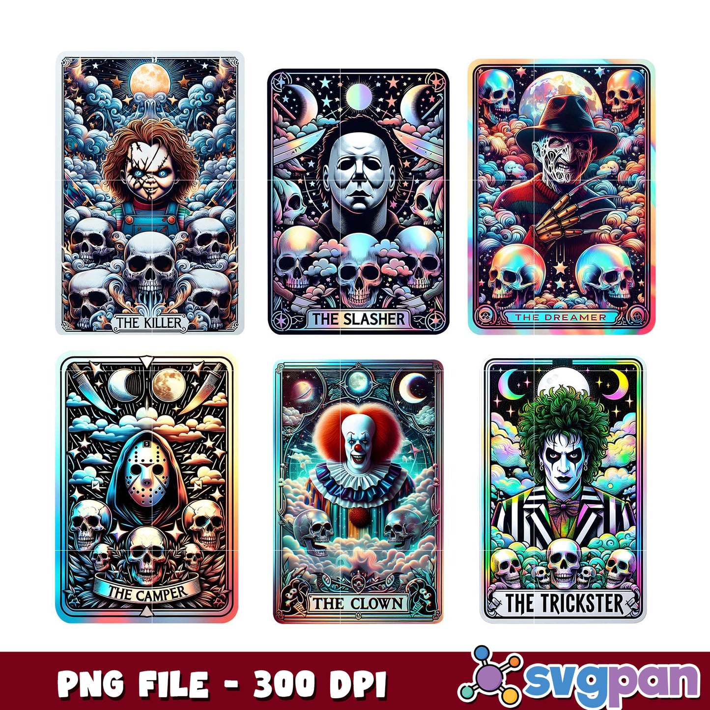 Holographic Horror Movie Tarot Cards PNG