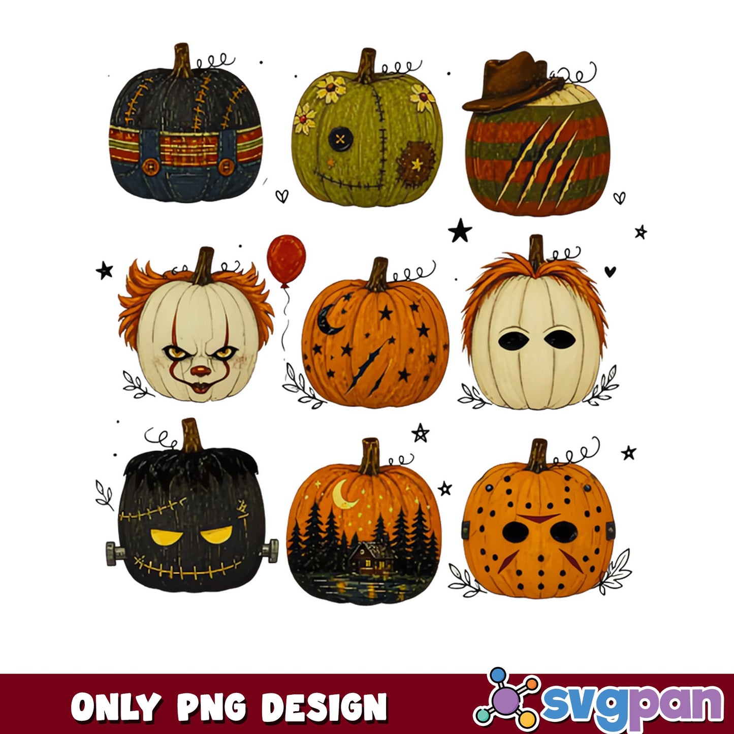 Horror Characters Pumpkin Bundle PNG, Halloween PNG, Scary Movie PNG