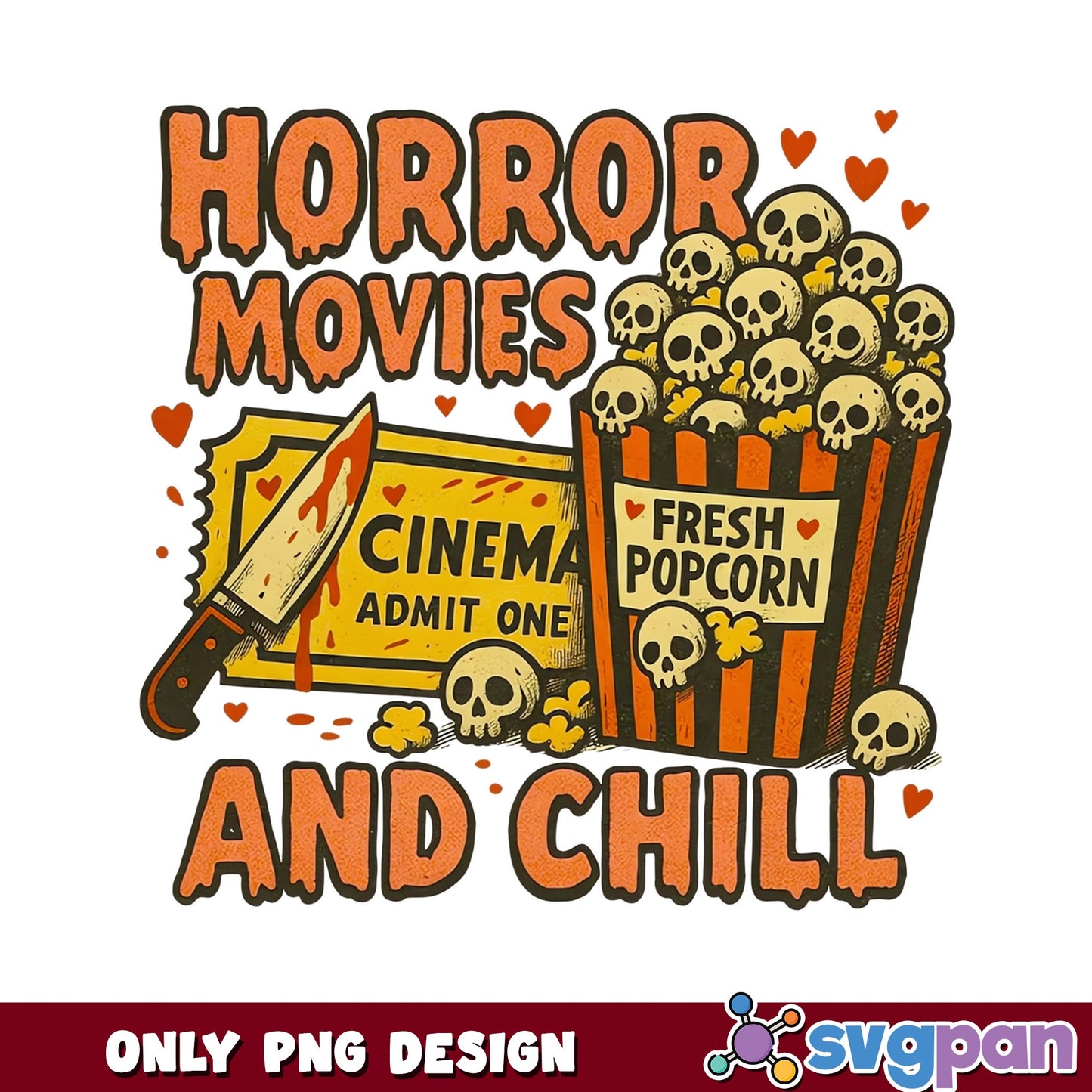 Horror Movies And Chill PNG, Halloween Skull Popcorn PNG, Spooky Cinema PNG