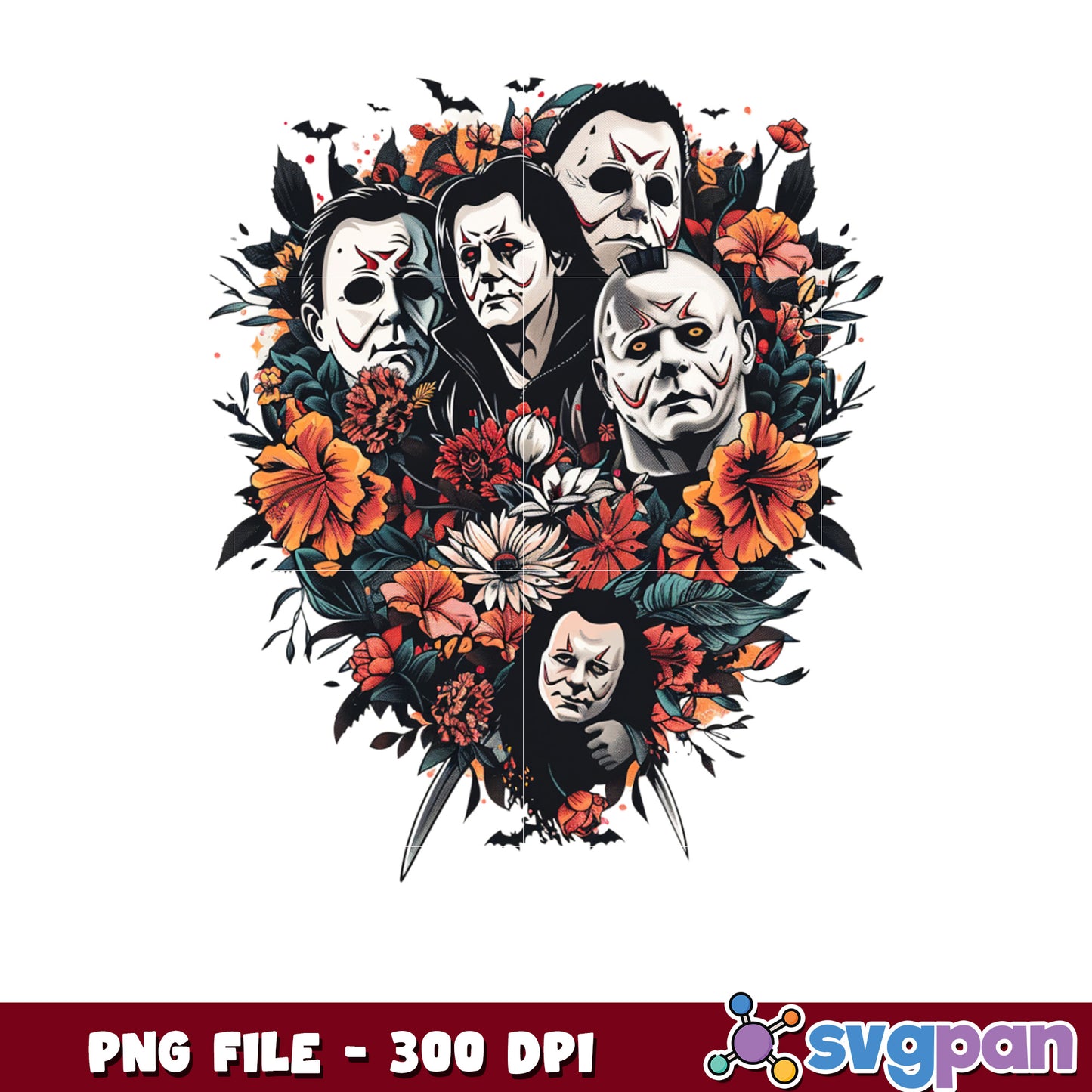 Horror movie characters flowers png, halloween time png, horror characters png