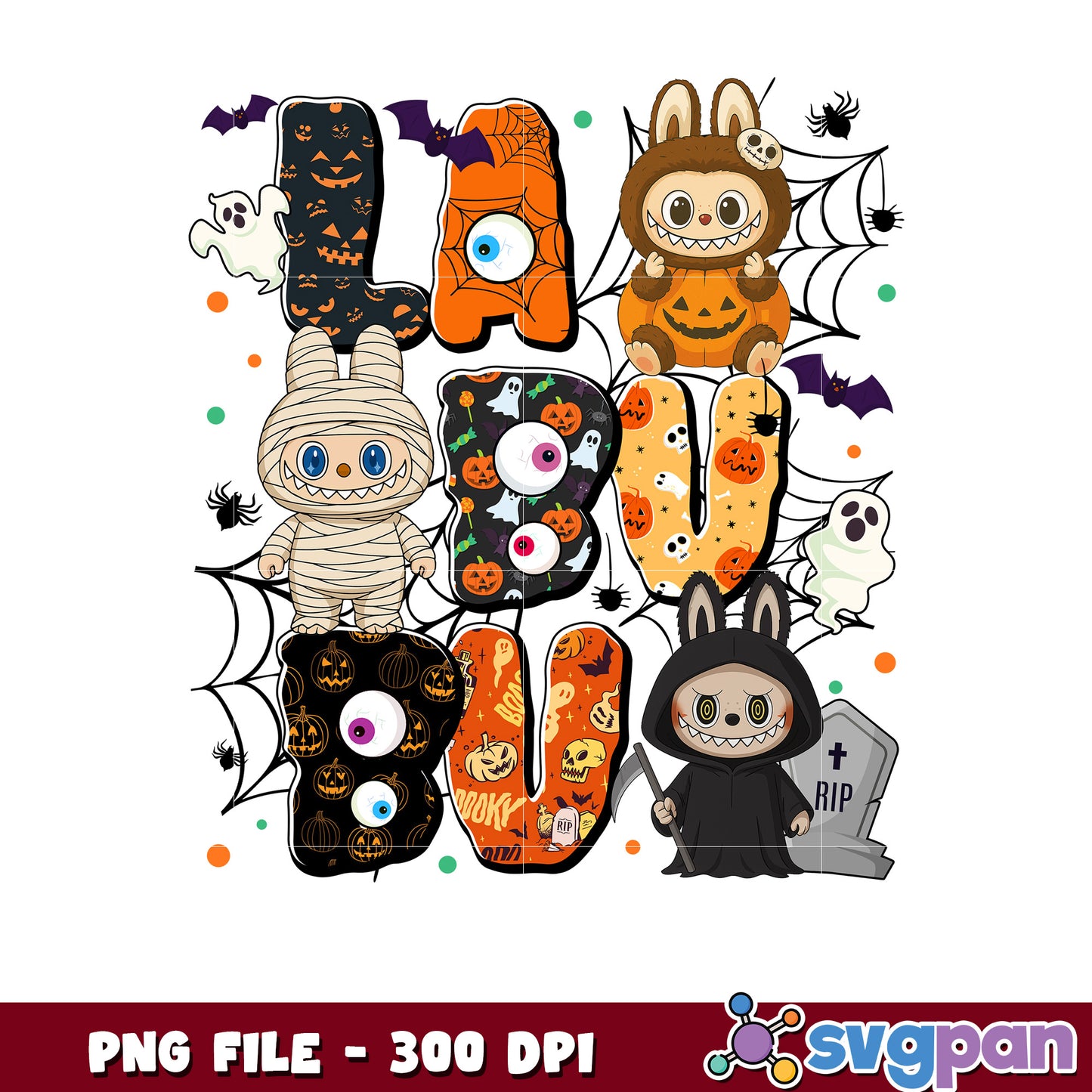 Horror movie characters png, halloween png, halloween labubu png