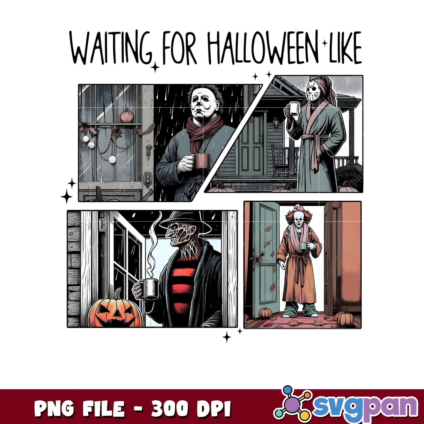 Horror movie characters waiting for halloween png, spooky season png, halloween monster png