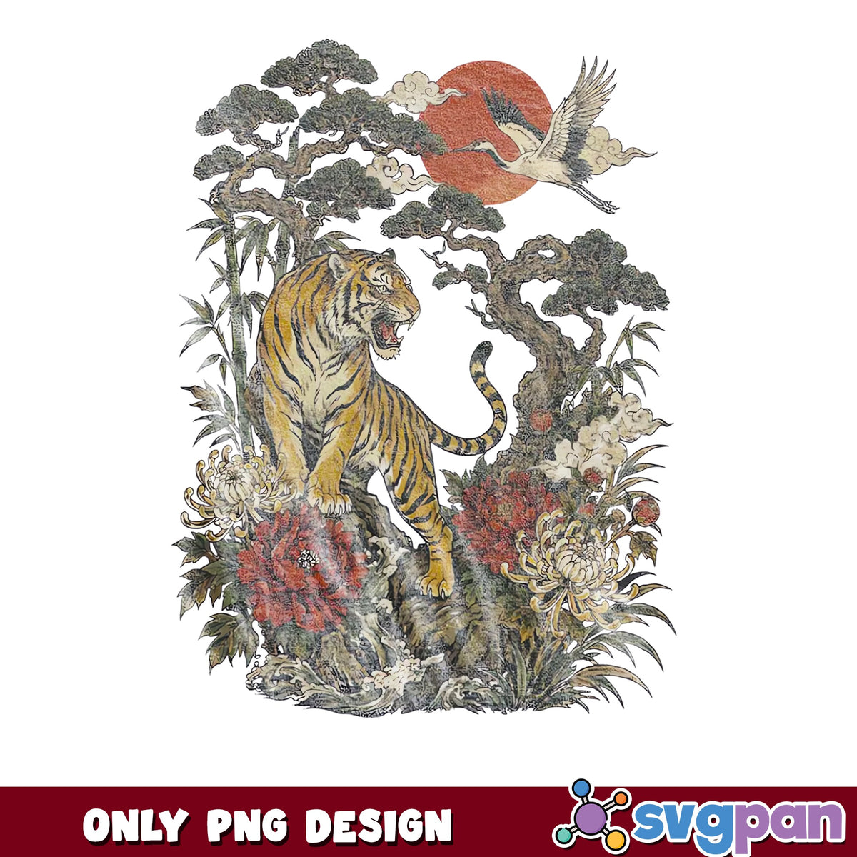 Japanese Tiger And Crane PNG, Asian Art Tiger PNG, Floral PNG