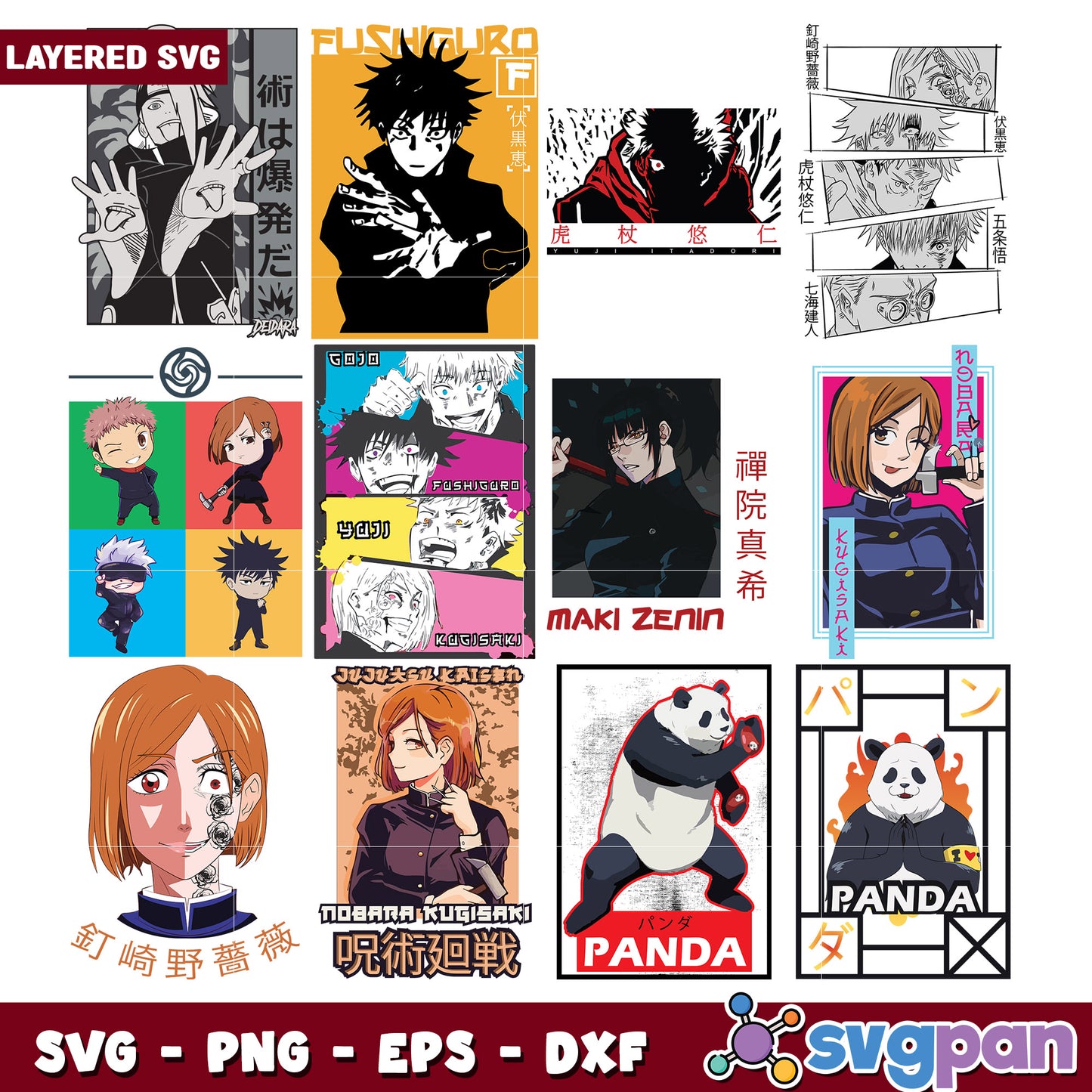 Jujustu Kaisen SVG Bundle Characters & Pandas