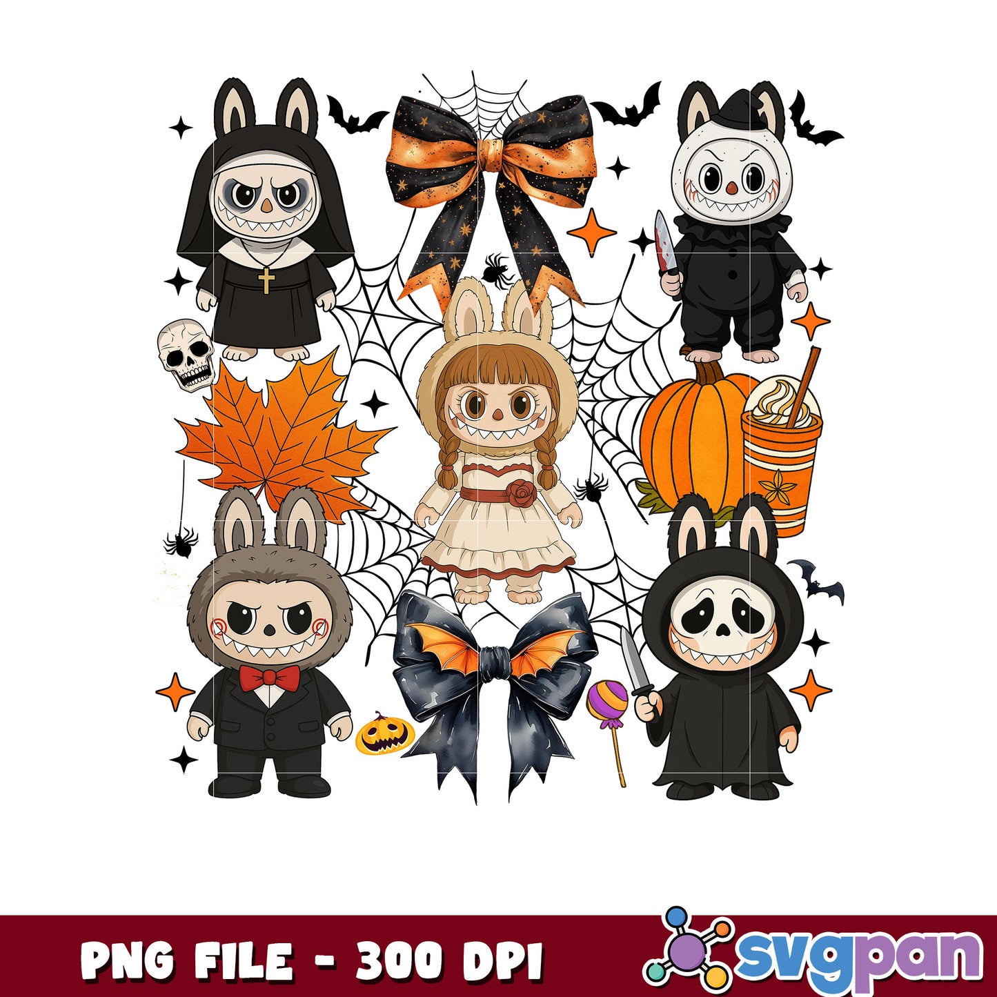 Labubu clown and doll png, halloween png, halloween labubu png