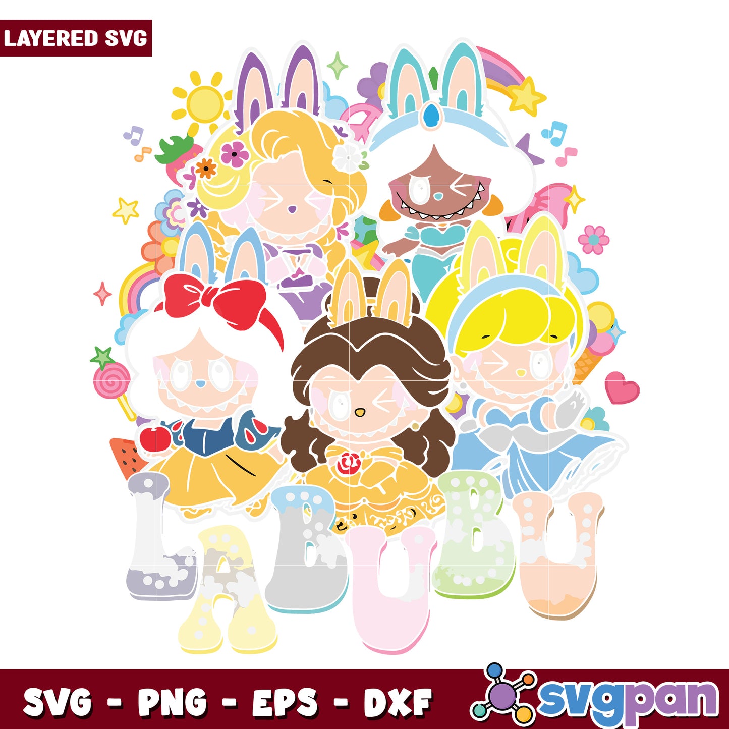 Labubu disney princess svg, labubu dolls svg, popmart labubu svg