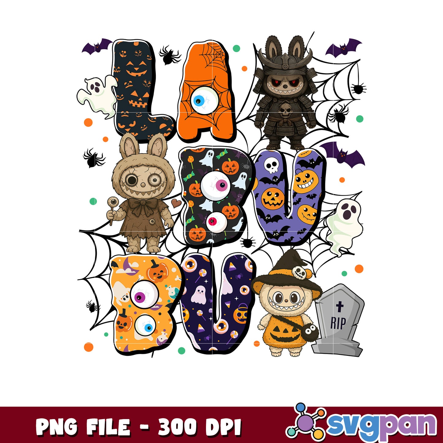 Labubu scary characters design png, trick or treat png, halloween quotes png
