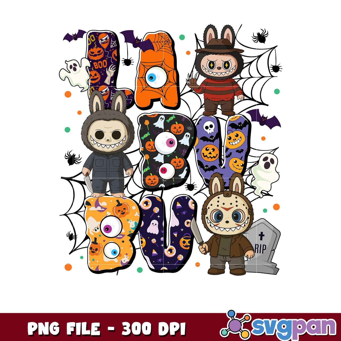 Labubu scary design png, trick or treat png, halloween quotes png