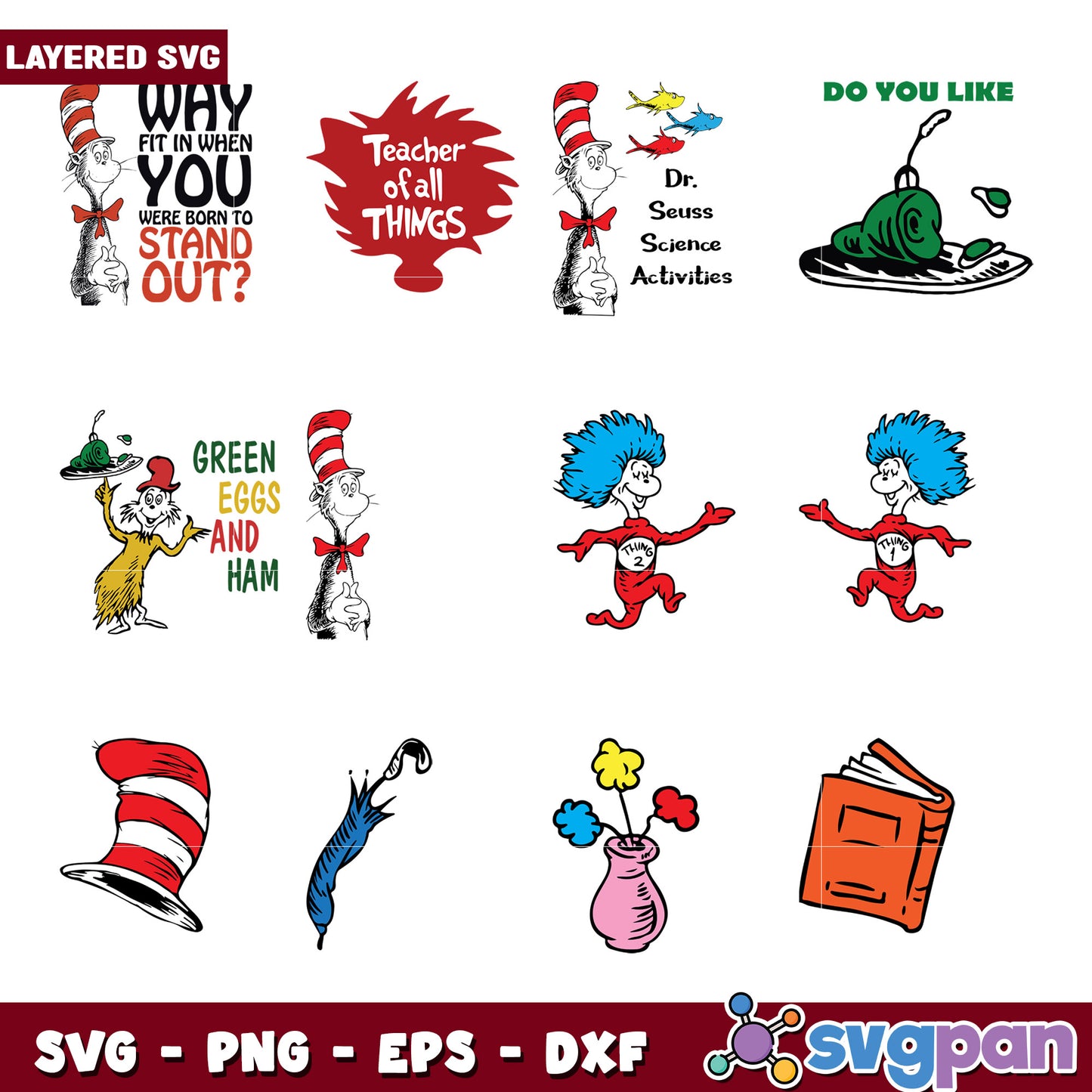Layered Dr Seuss SVG Bundle 10 Designs