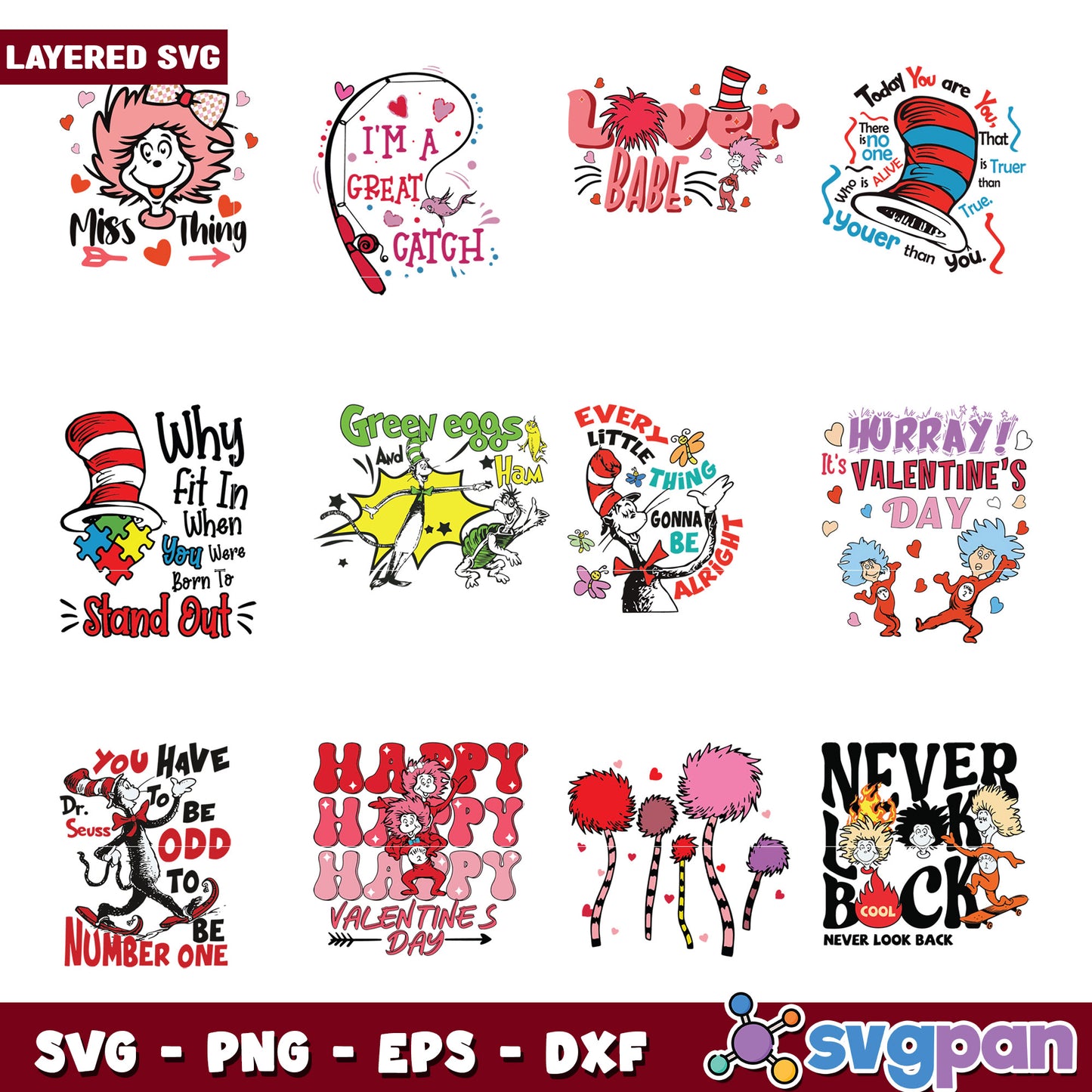 Layered Dr Seuss SVG Bundle Valentine's & More
