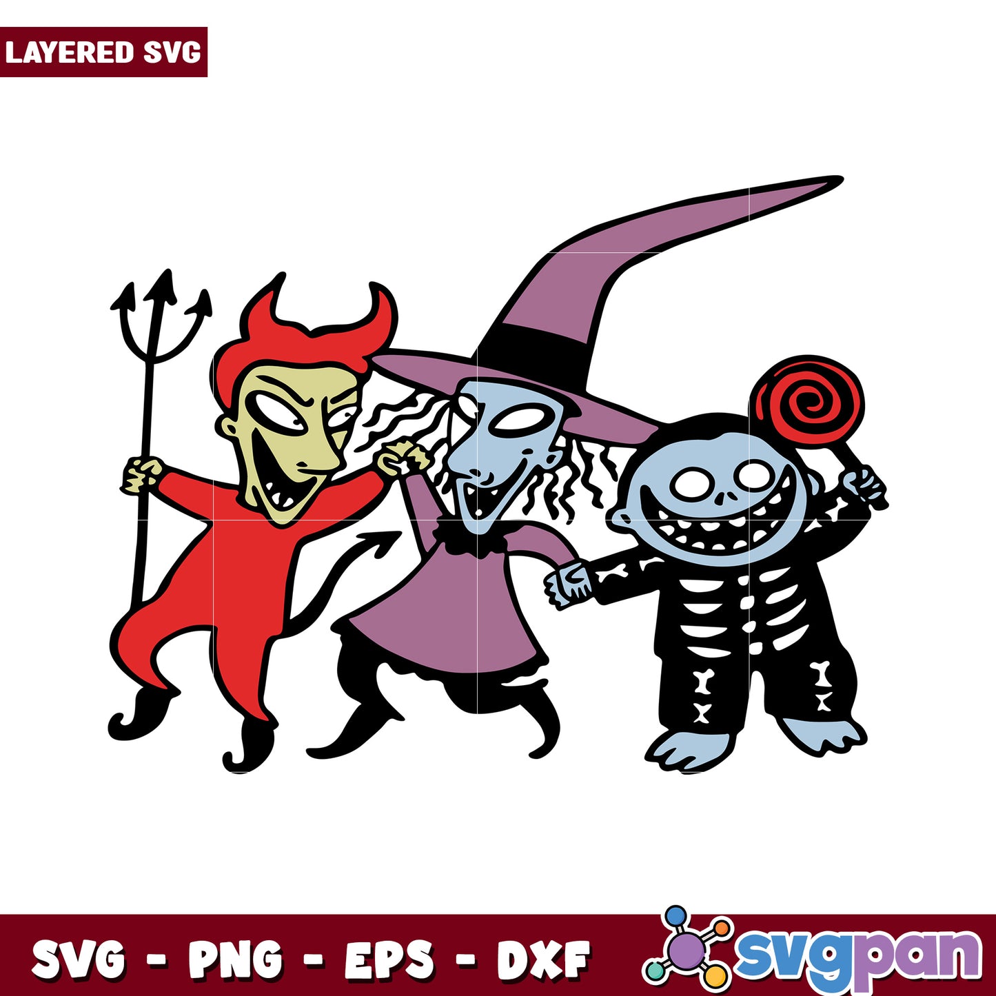 Layered Halloween SVG of characters in costume, perfect for crafts