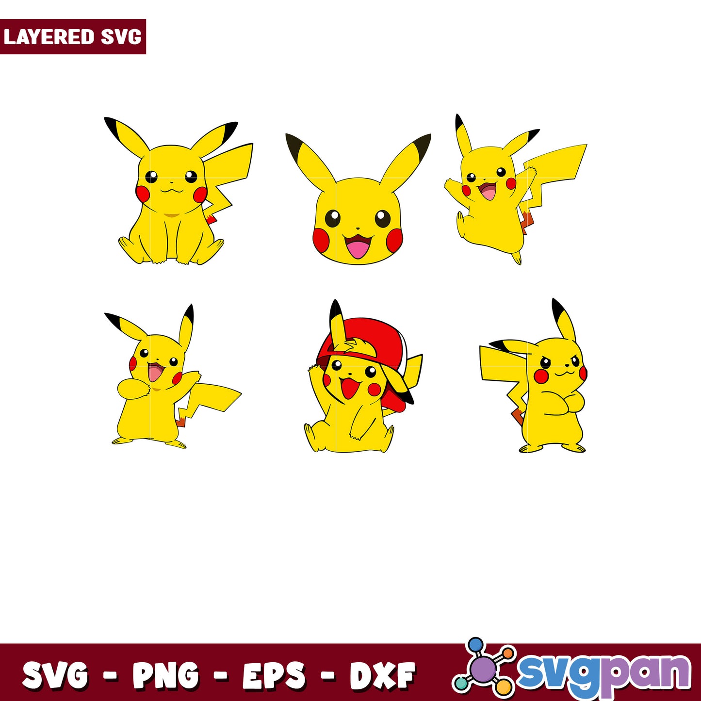 Layered Pikachu SVG Bundle 6 Cute Designs