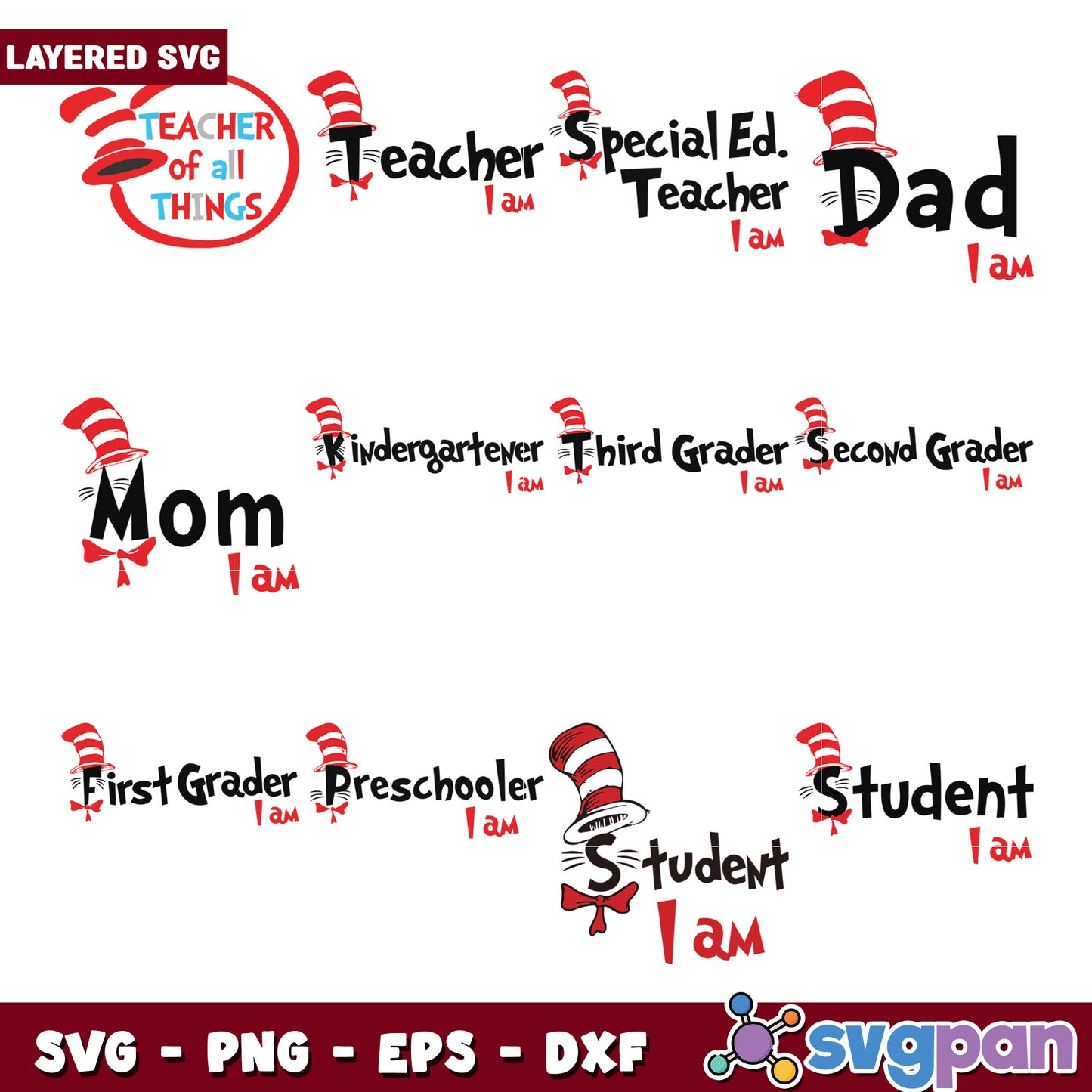 Layered SVG Bundle Cat Hat Teacher Designs