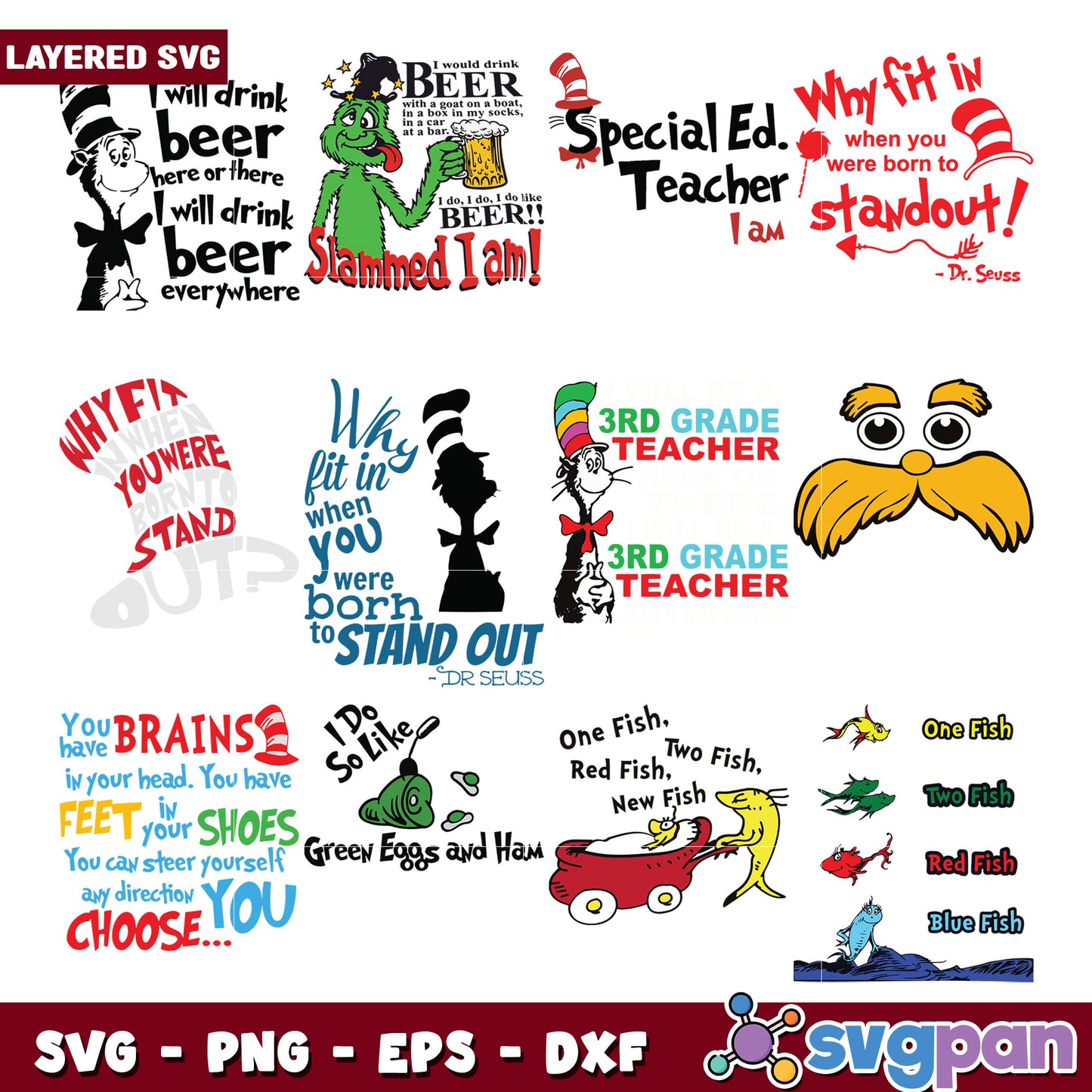 Layered SVG Bundle Dr Seuss Quotes & More
