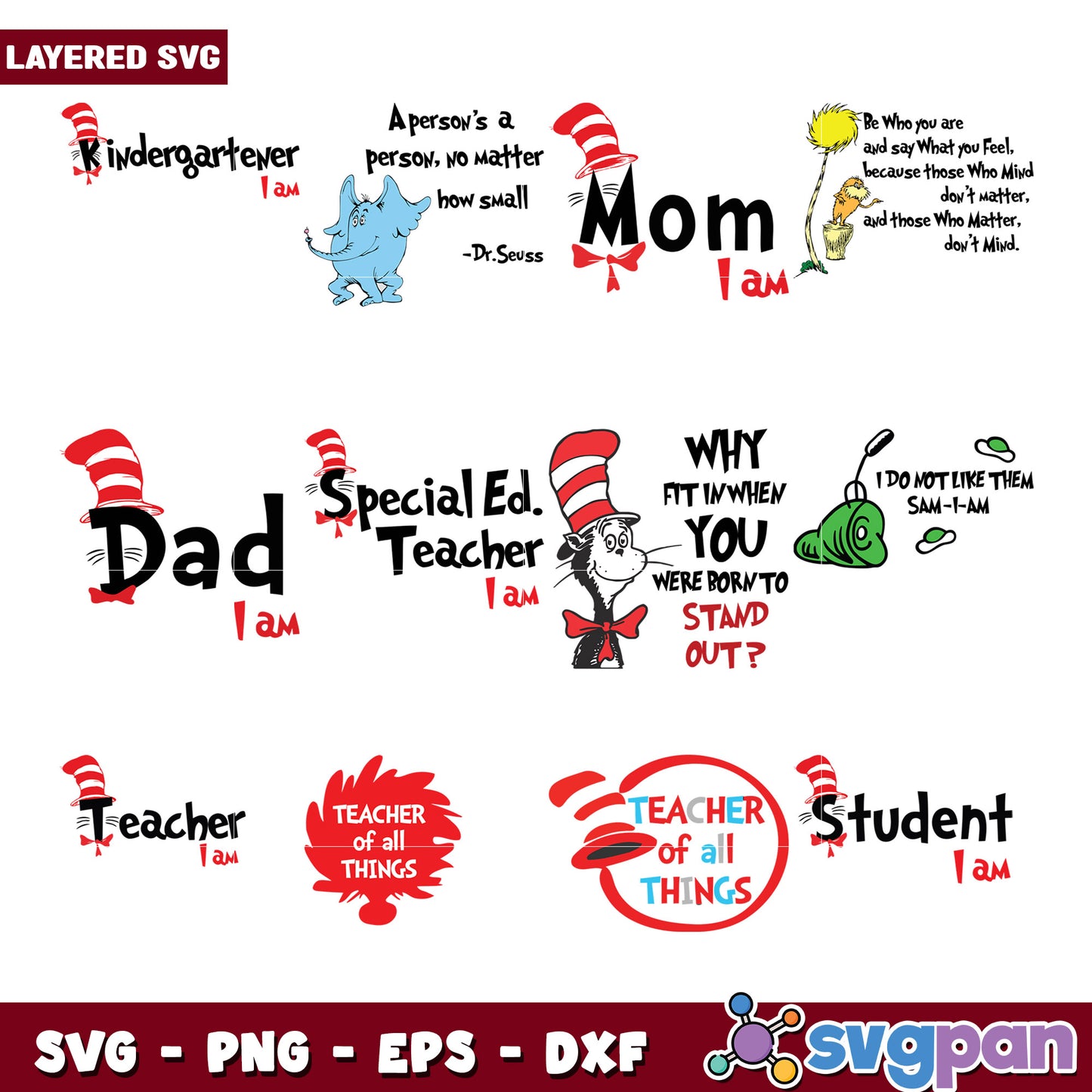 Layered SVG Bundle Dr Seuss Teacher Quotes