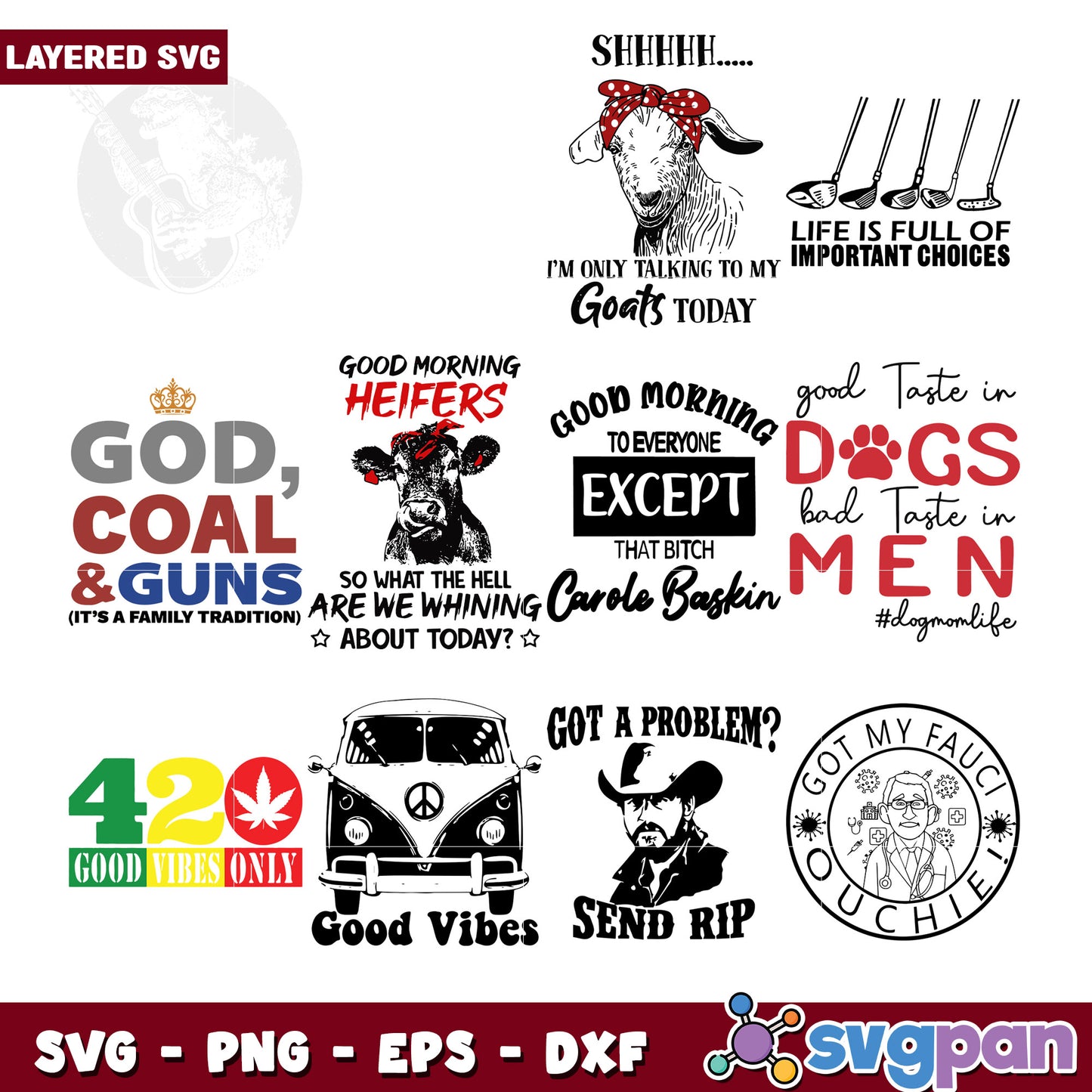 Layered SVG Bundle Funny Goat, Cow, Dog Designs